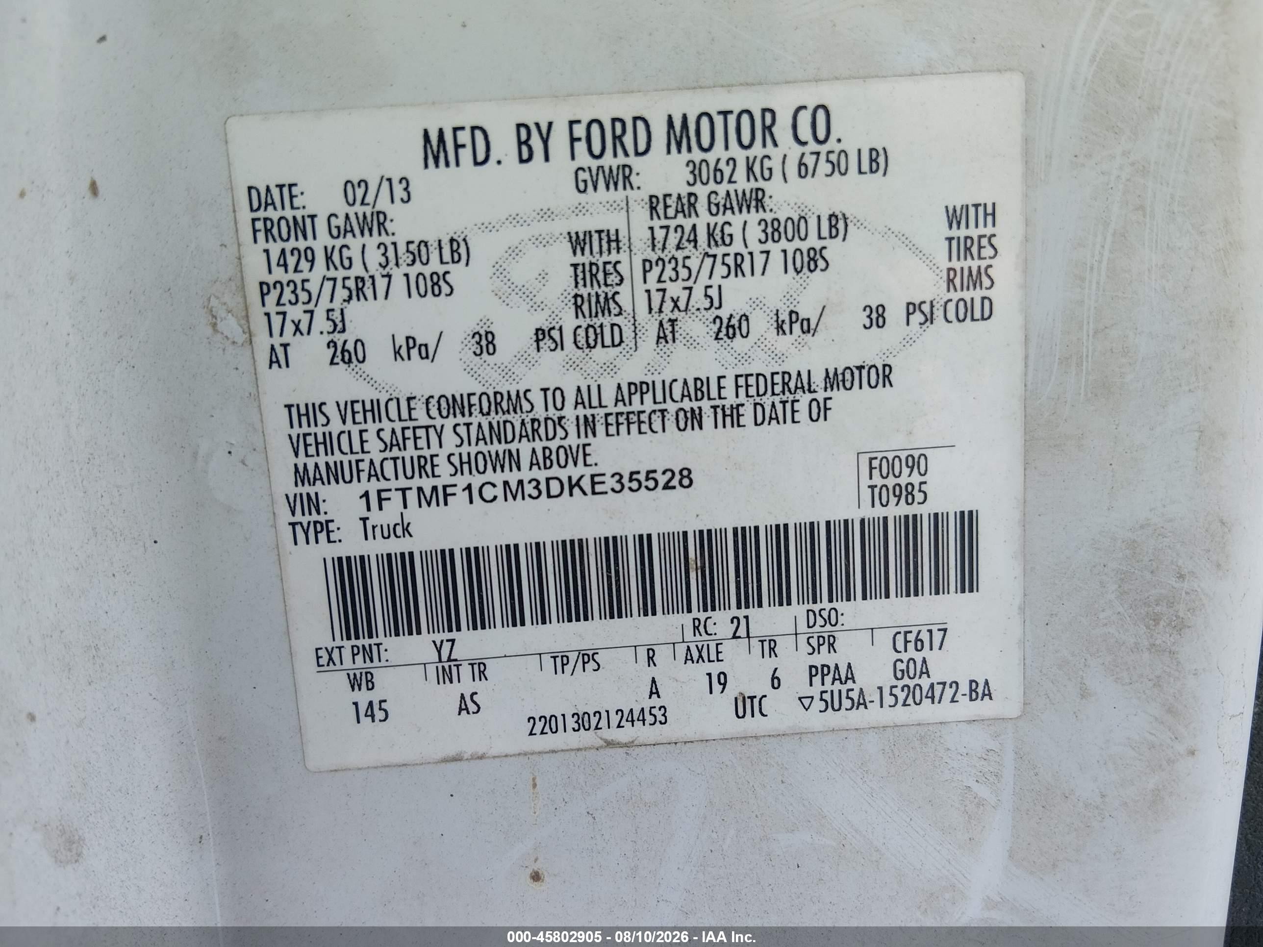2013 Ford F-150 Xl White vin: 1FTMF1CM3DKE35528
