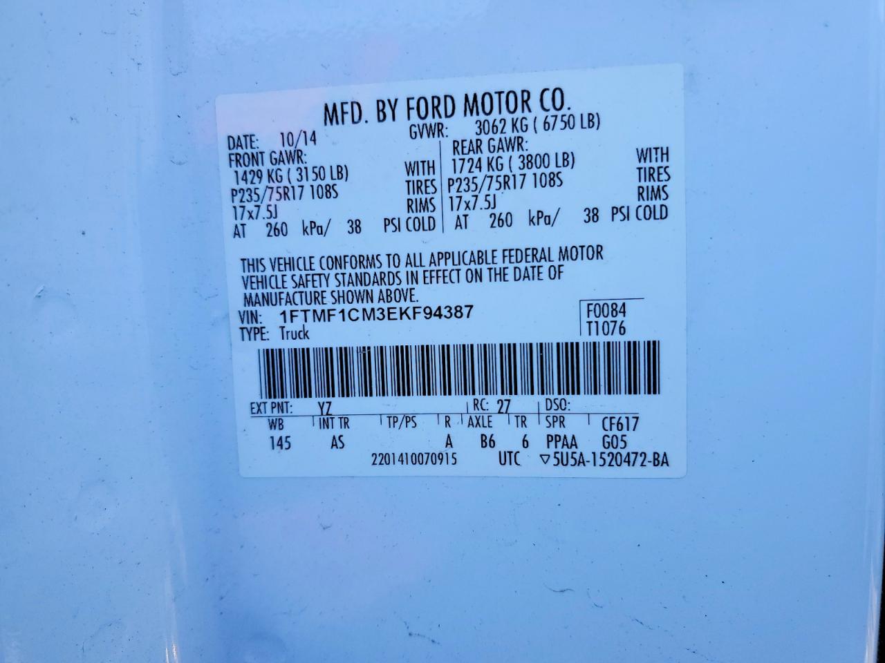 2014 Ford F150 White vin: 1FTMF1CM3EKF94387