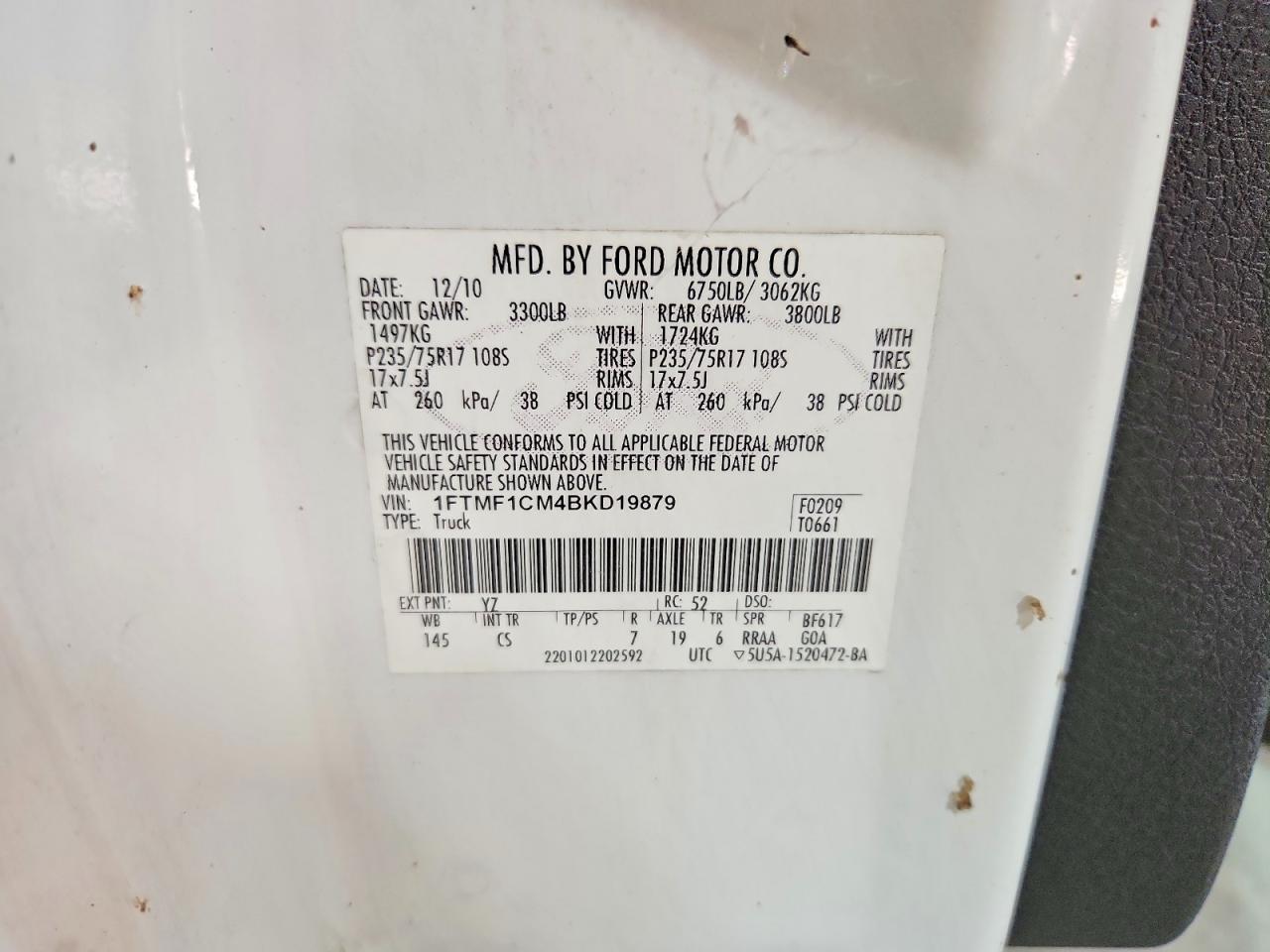 2011 Ford F150 White vin: 1FTMF1CM4BKD19879
