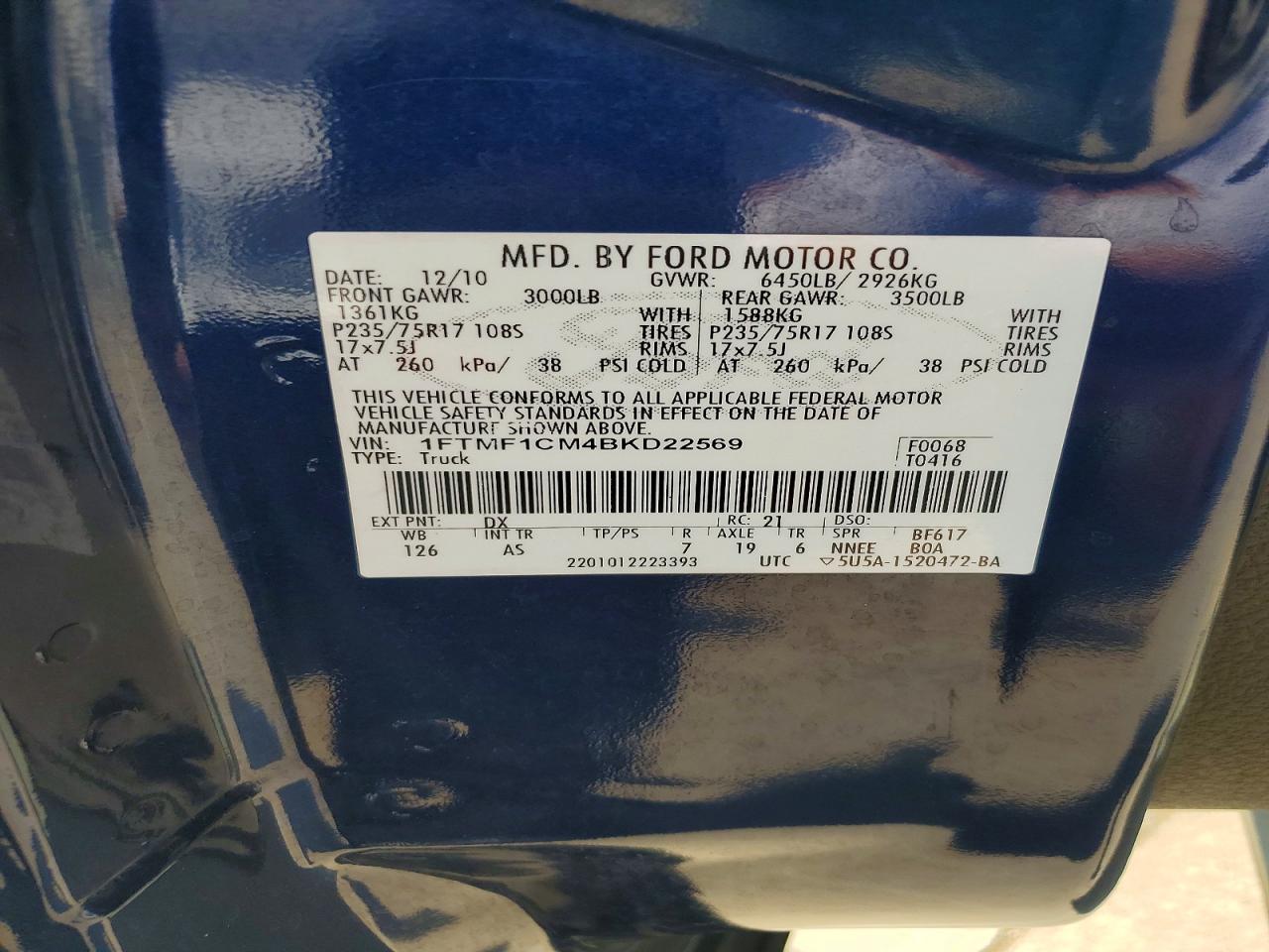 2011 Ford F150 Blue vin: 1FTMF1CM4BKD22569