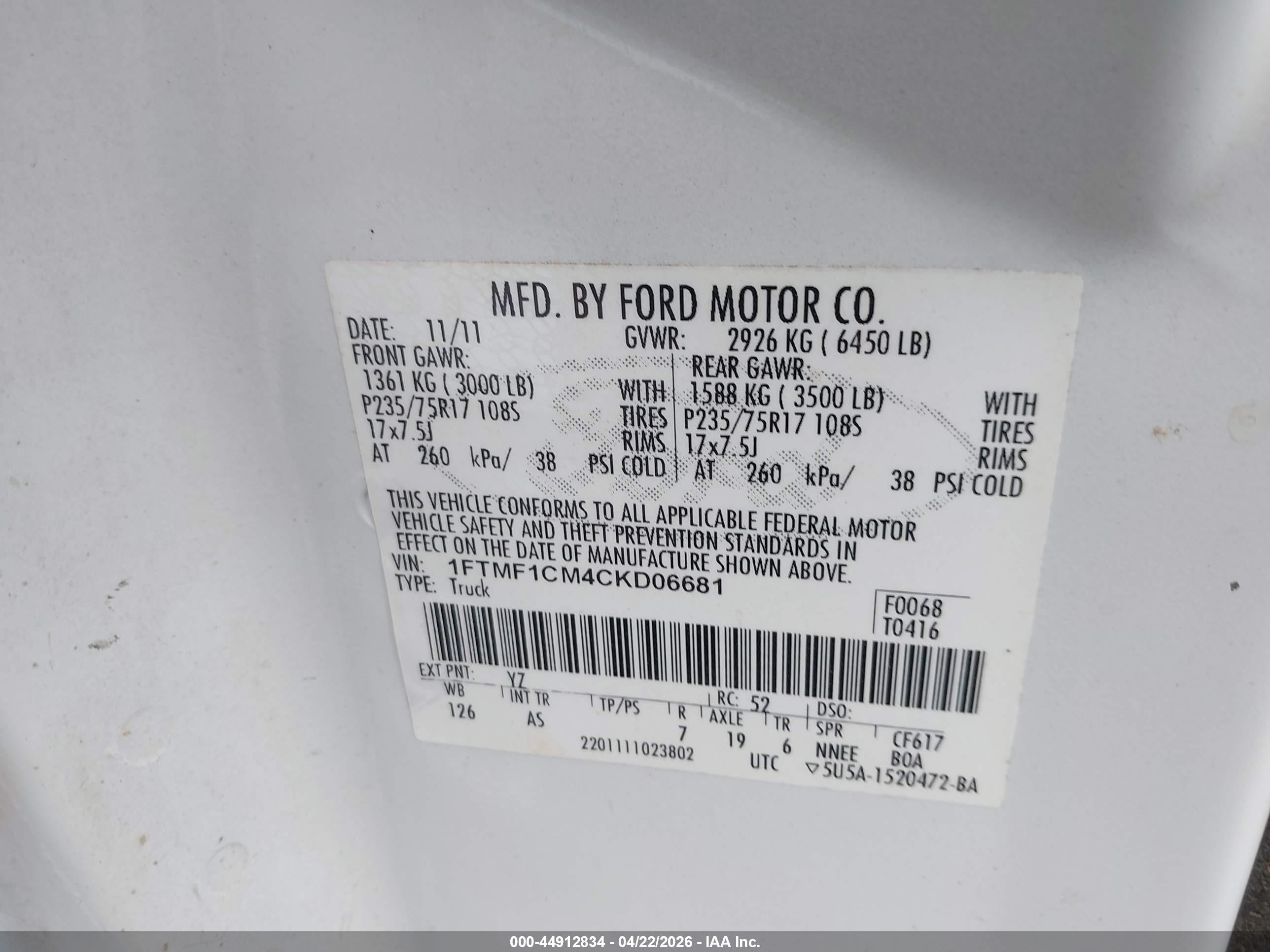 2012 Ford F-150 Xl White vin: 1FTMF1CM4CKD06681