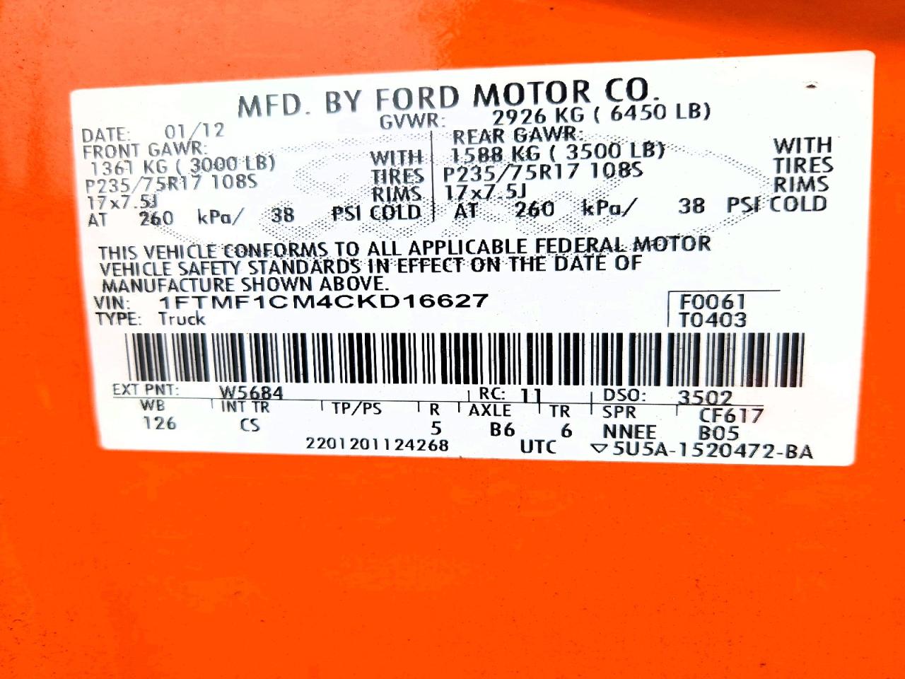 2012 Ford F150 Orange vin: 1FTMF1CM4CKD16627