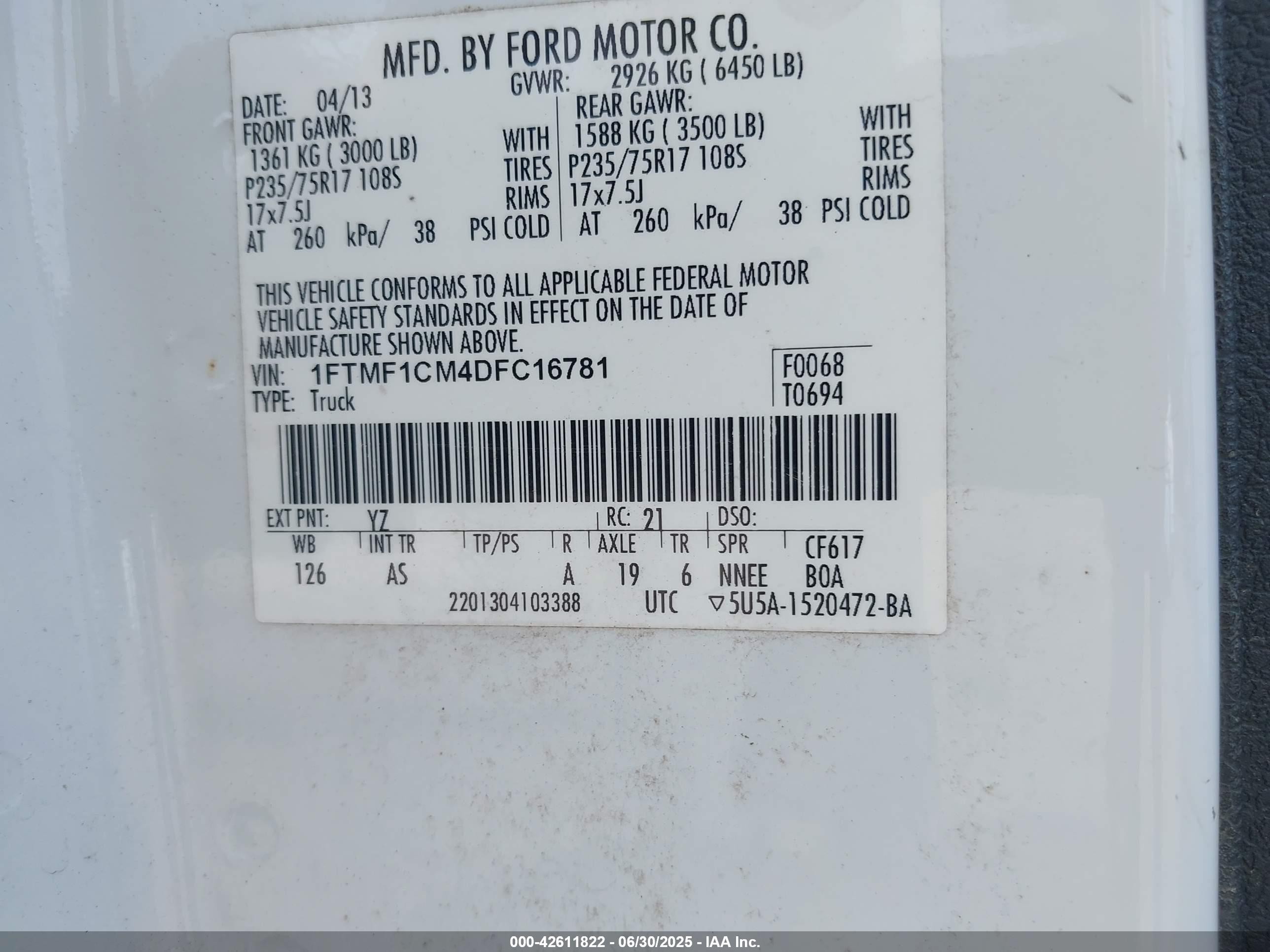 2013 Ford F-150 Xl White vin: 1FTMF1CM4DFC16781