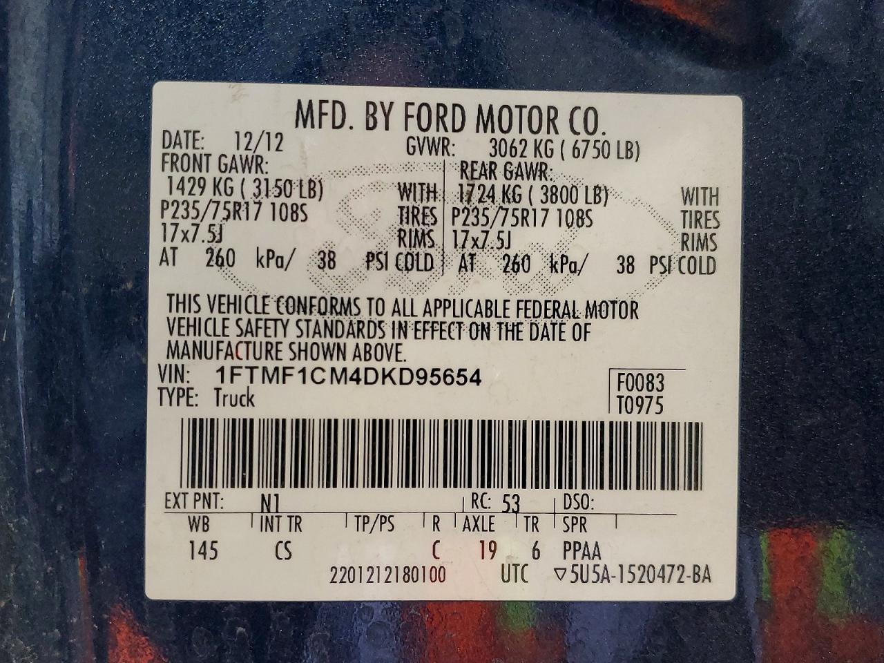 2013 Ford F150 Blue vin: 1FTMF1CM4DKD95654