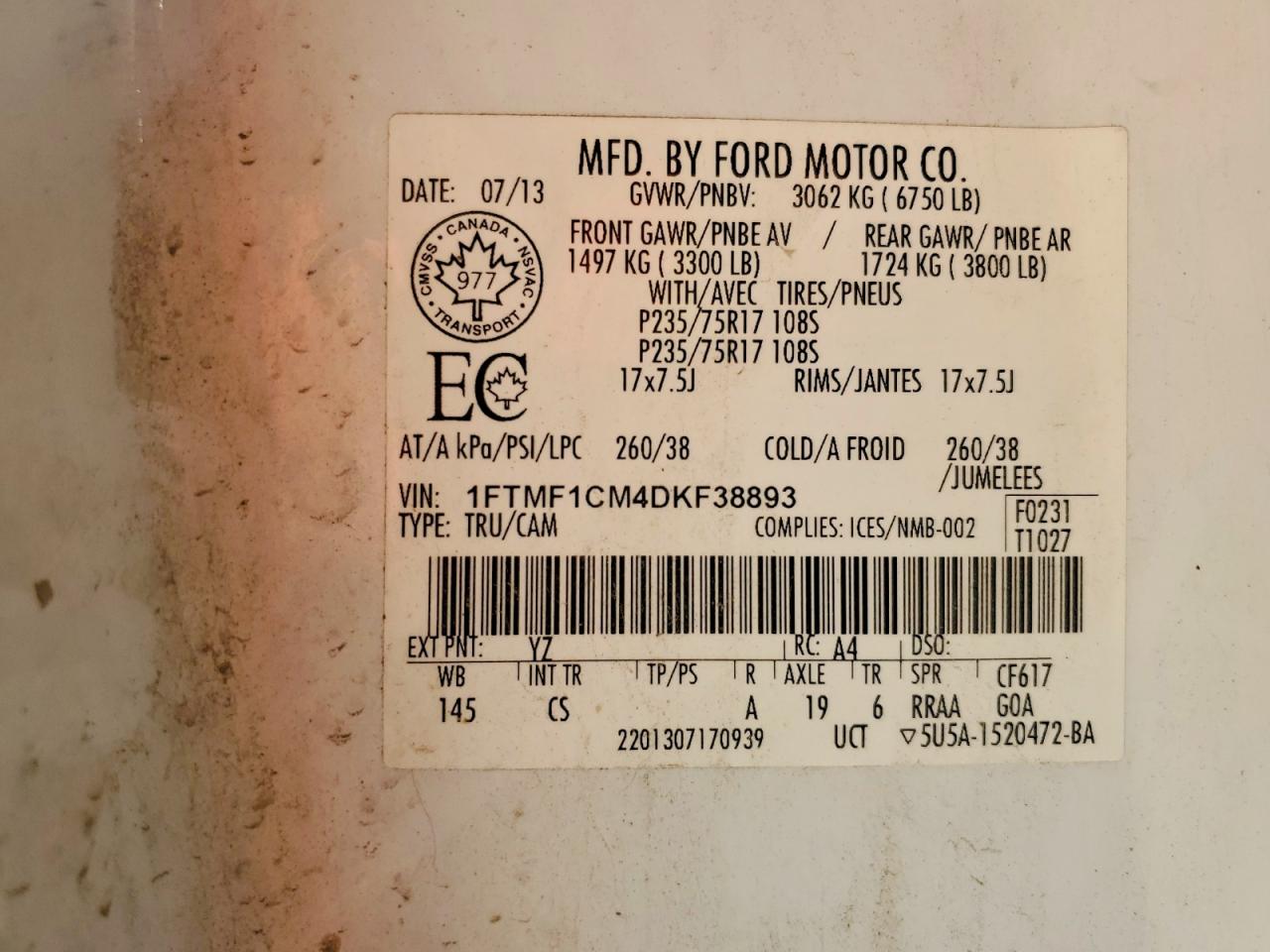 2013 Ford F-150 Xl White vin: 1FTMF1CM4DKF38893