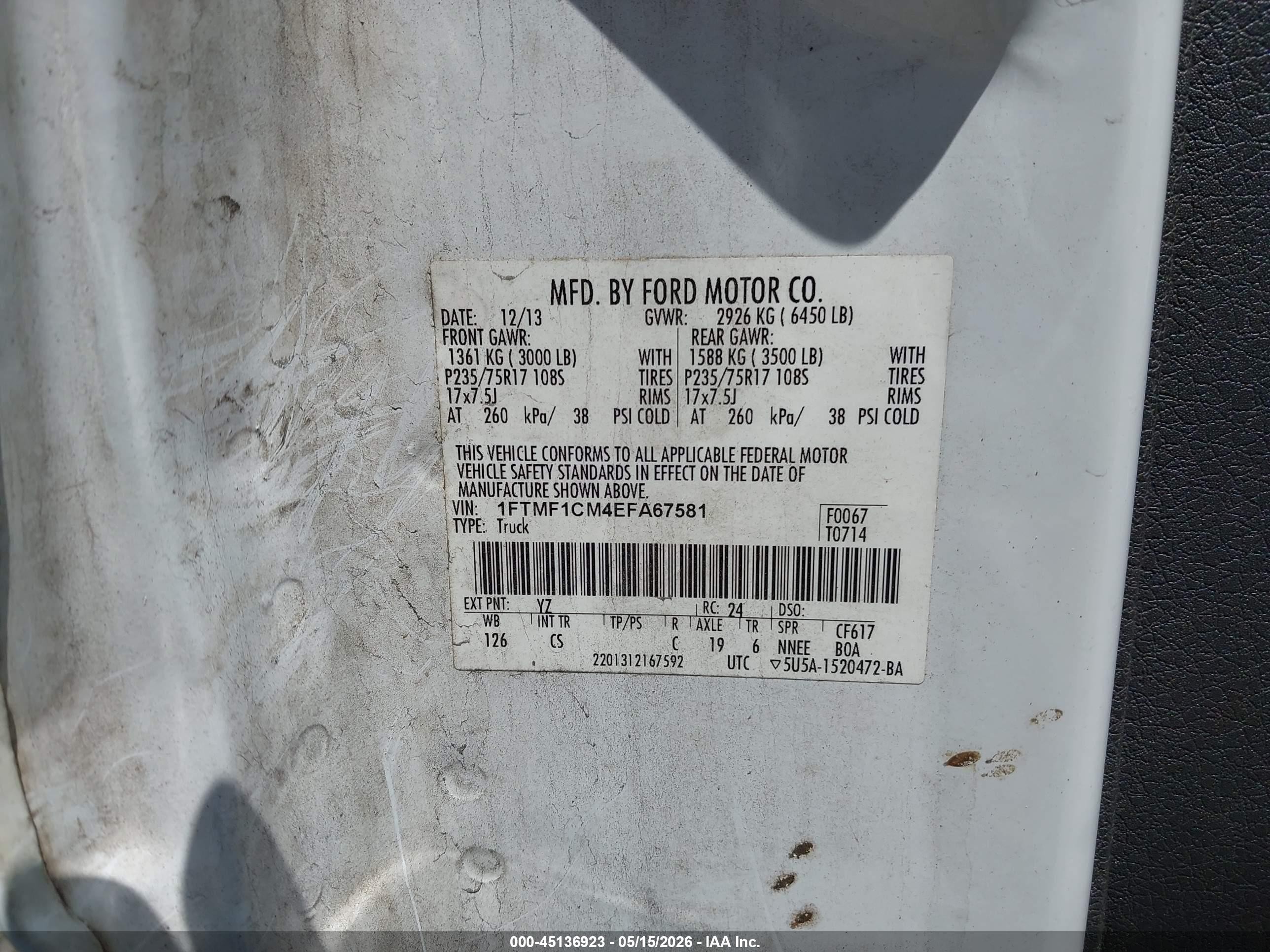 2014 Ford F-150 Xl White vin: 1FTMF1CM4EFA67581