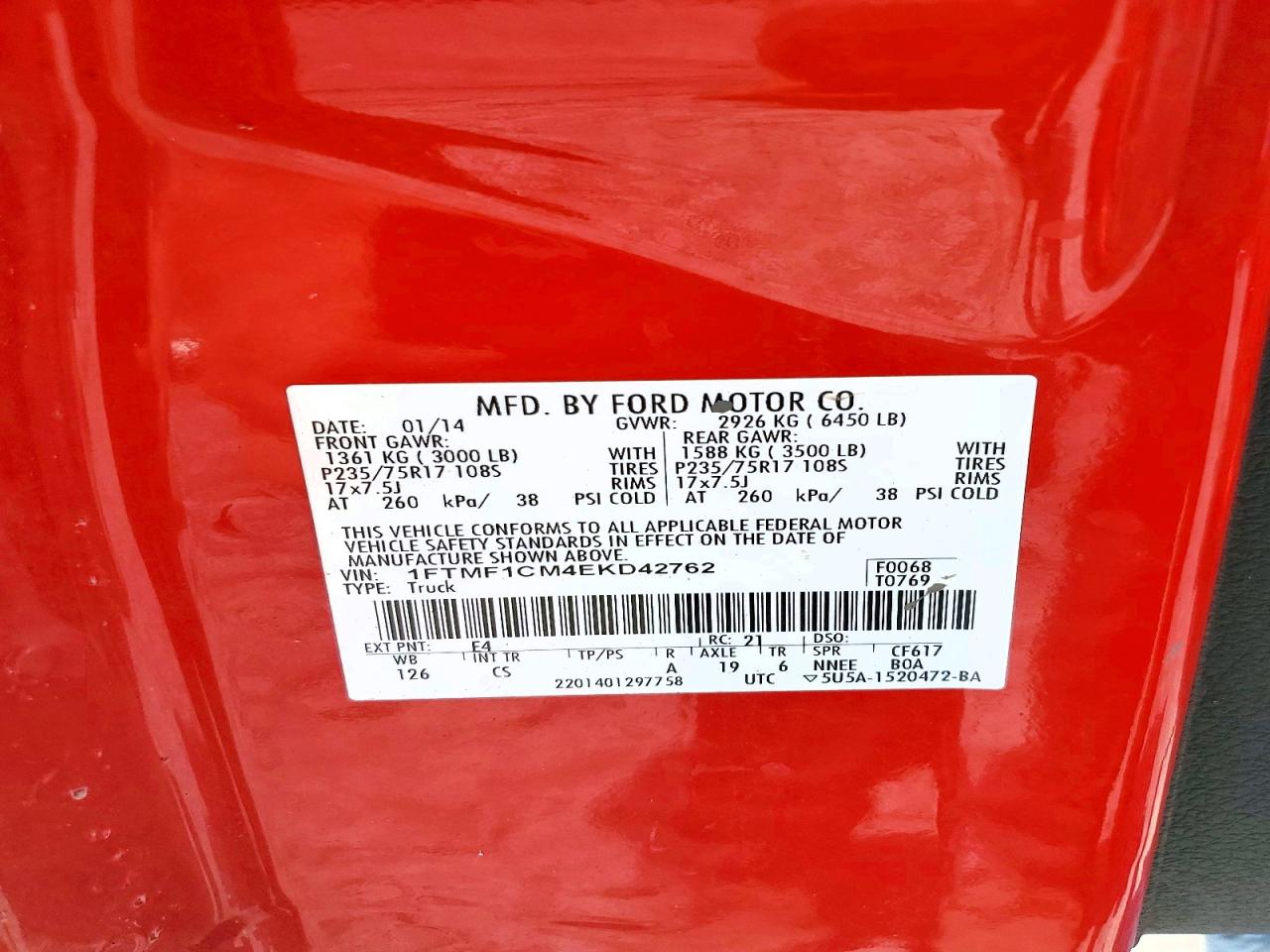 2014 Ford F150 Красный vin: 1FTMF1CM4EKD42762