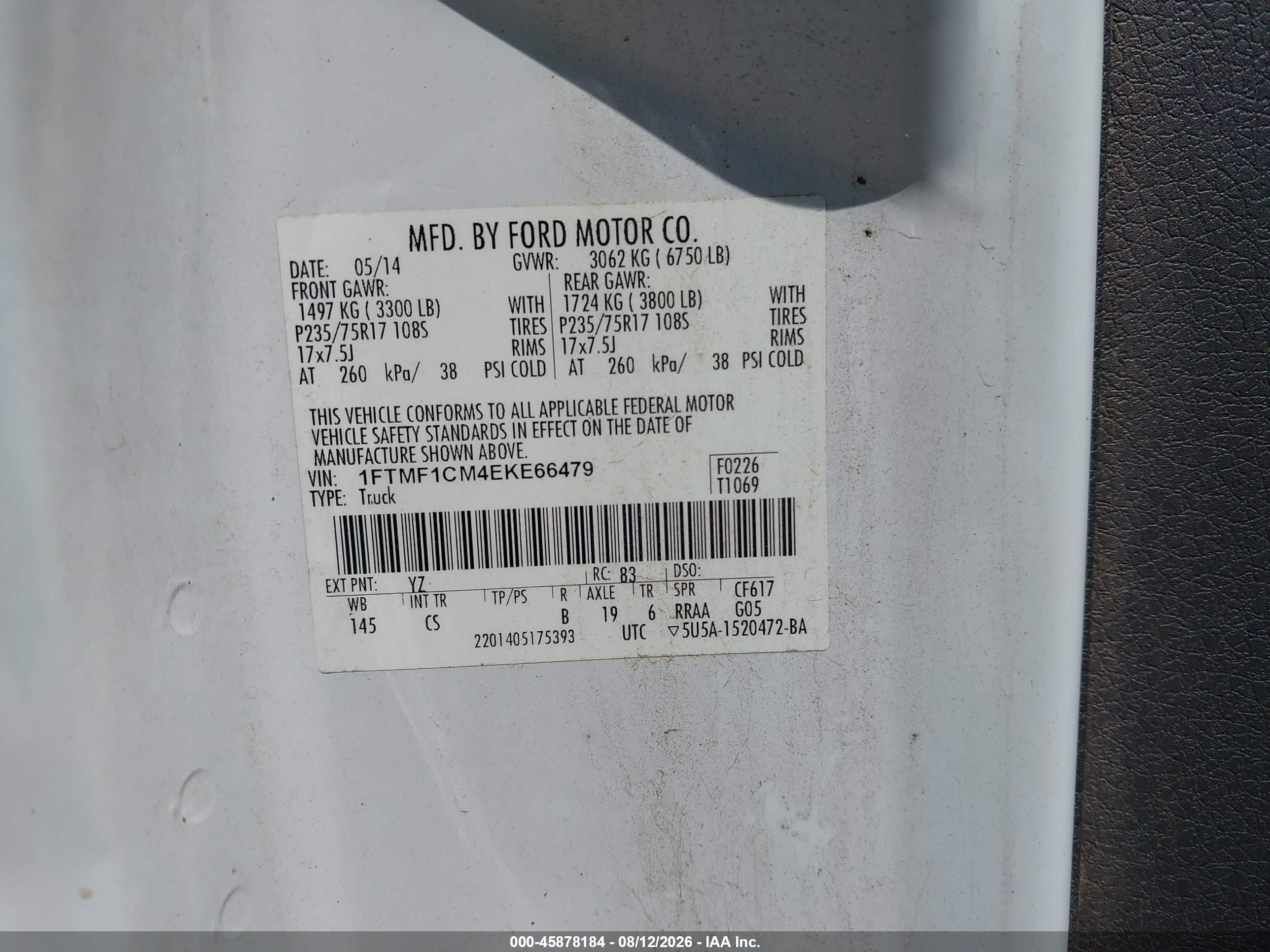 2014 Ford F-150 Xl White vin: 1FTMF1CM4EKE66479