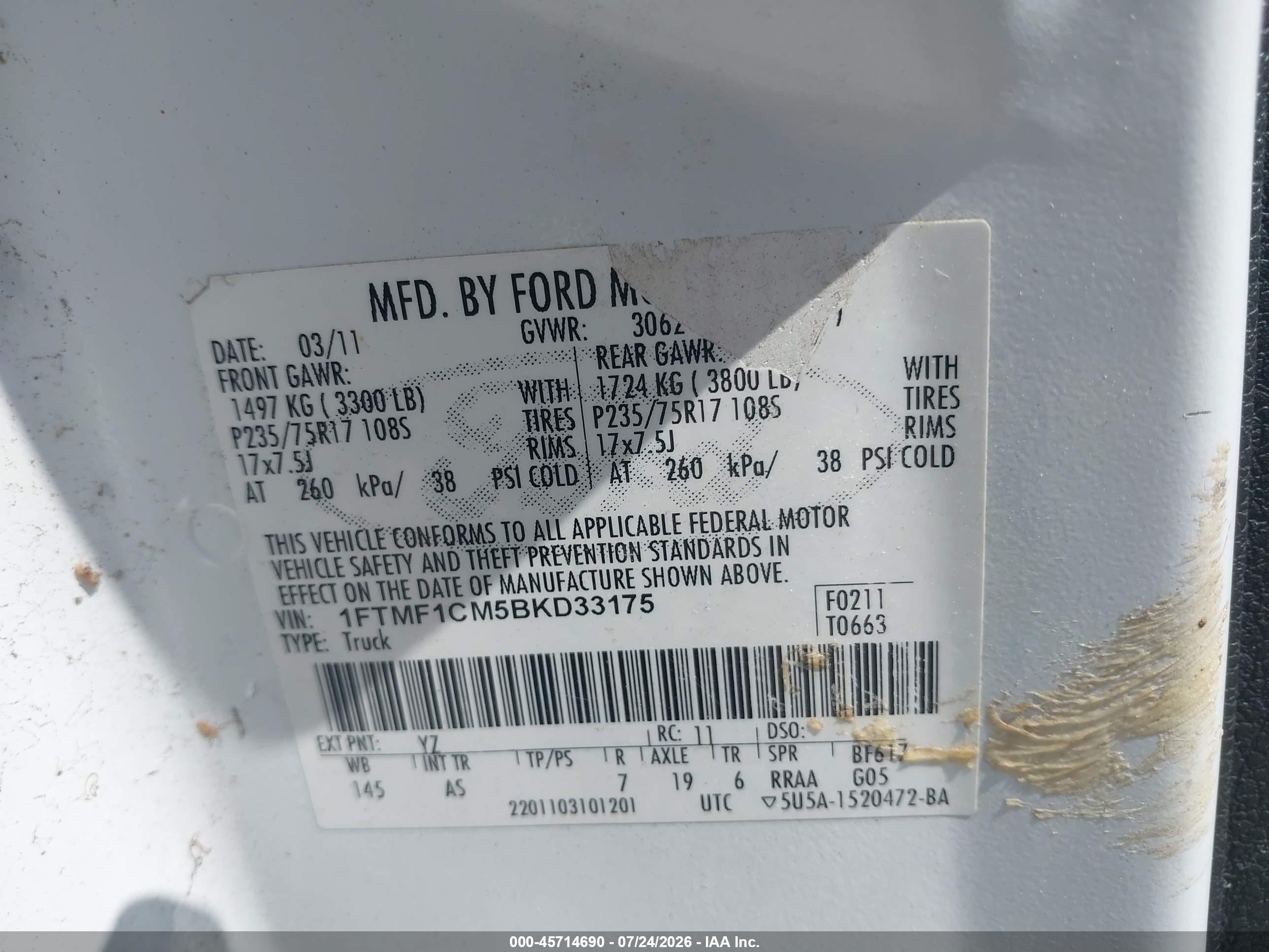 2011 Ford F-150 Xl White vin: 1FTMF1CM5BKD33175