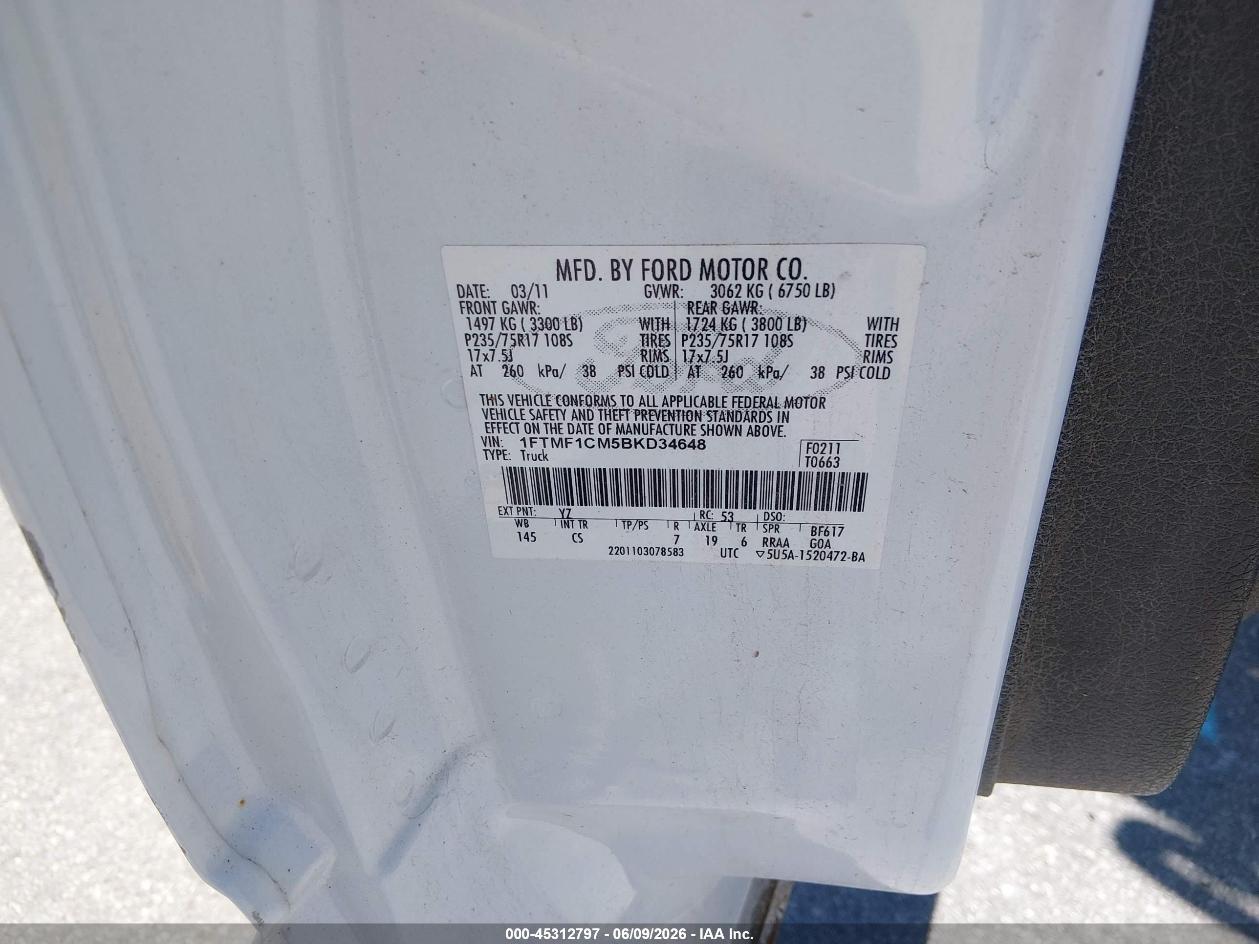 2011 Ford F-150 Xl Белый vin: 1FTMF1CM5BKD34648