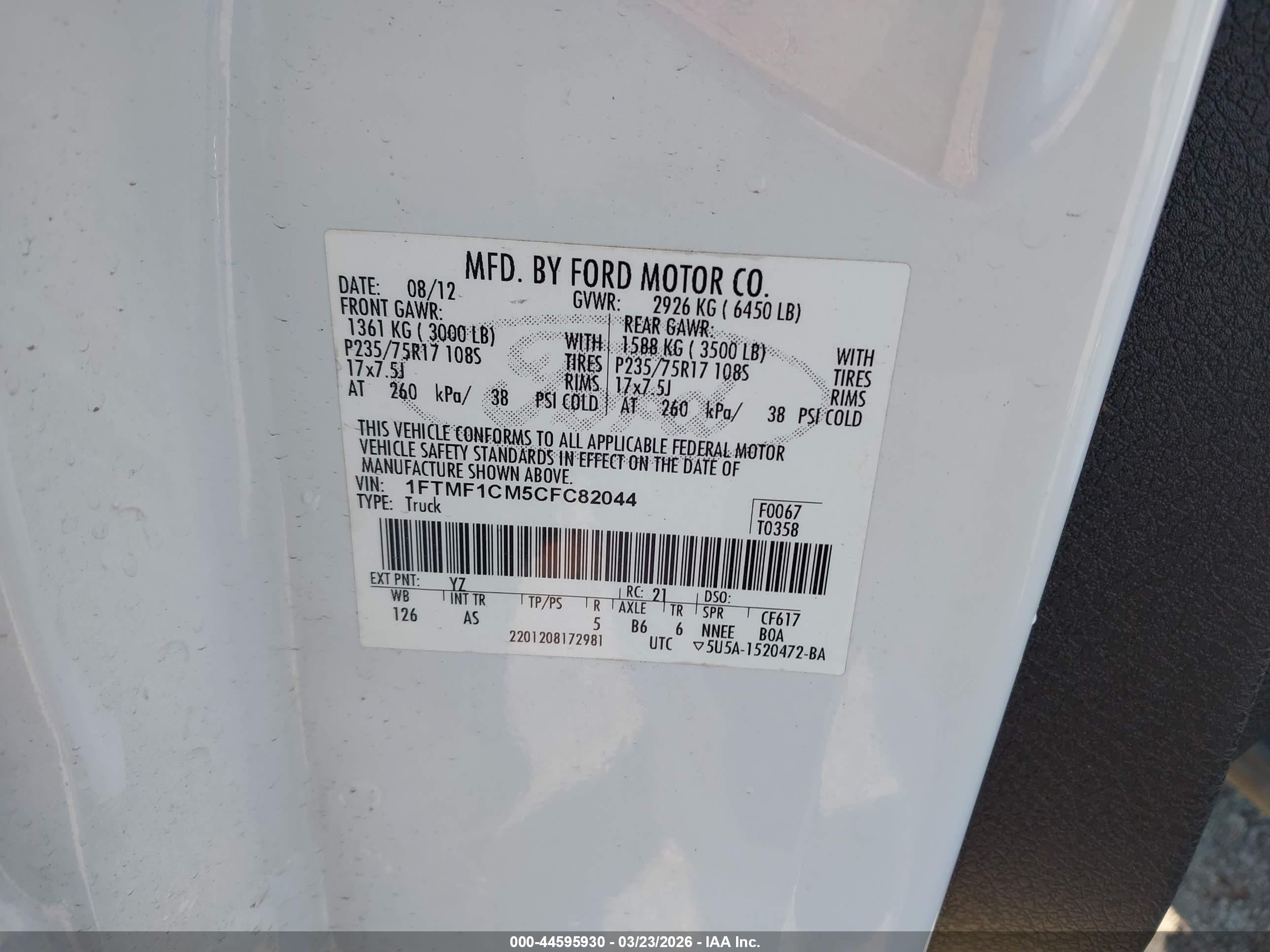 2012 Ford F-150 Xl White vin: 1FTMF1CM5CFC82044