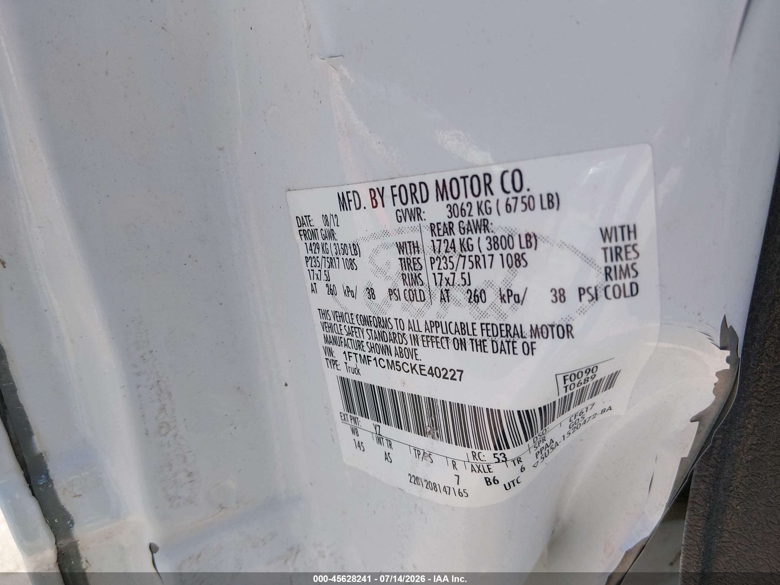 2012 Ford F-150 Xl Белый vin: 1FTMF1CM5CKE40227