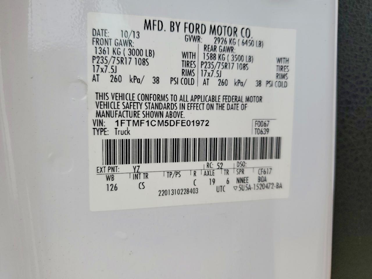 2013 Ford F150 White vin: 1FTMF1CM5DFE01972