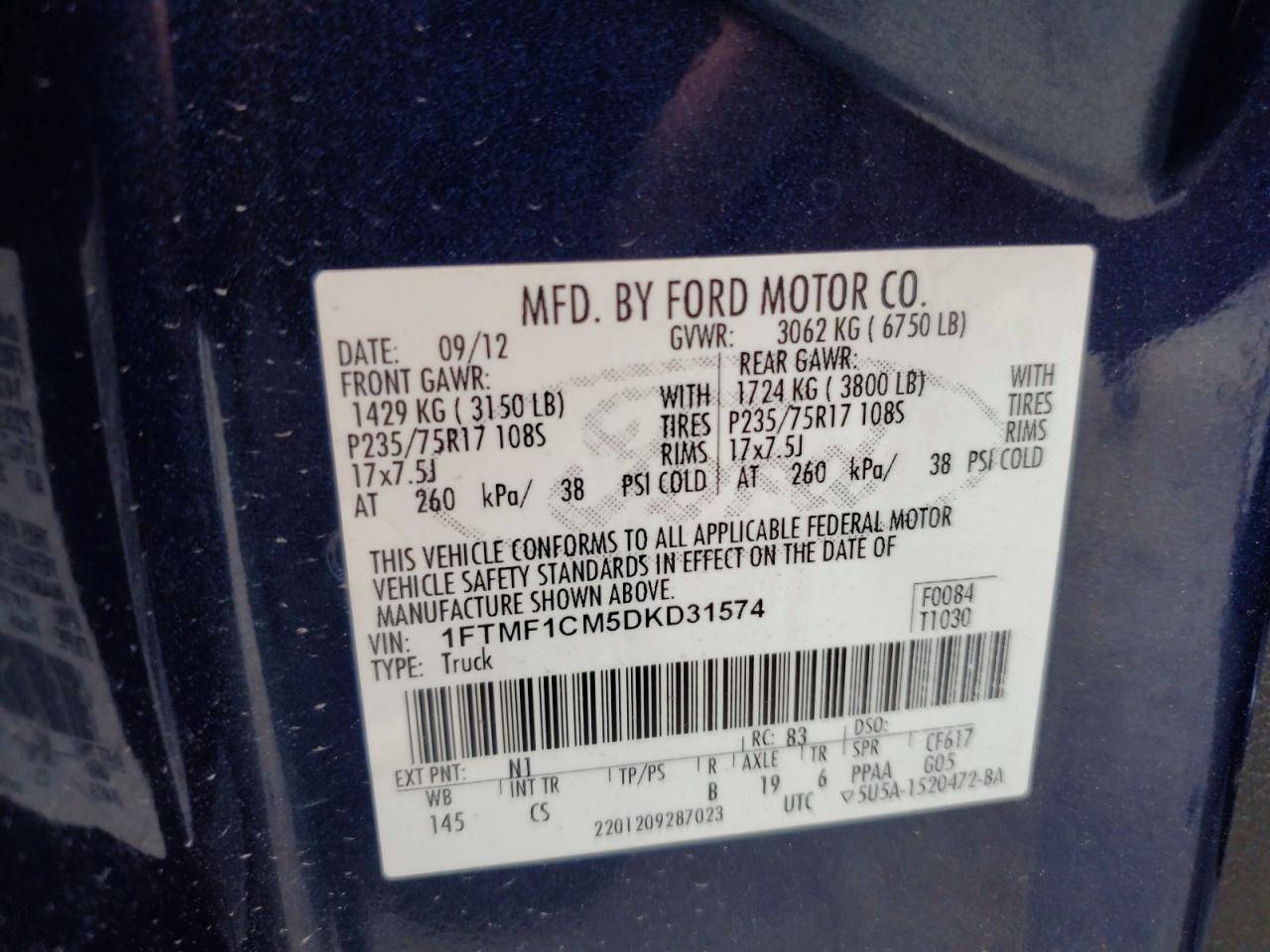 2013 Ford F150 Blue vin: 1FTMF1CM5DKD31574