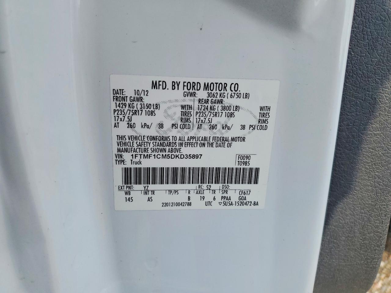 2013 Ford F150 White vin: 1FTMF1CM5DKD35897