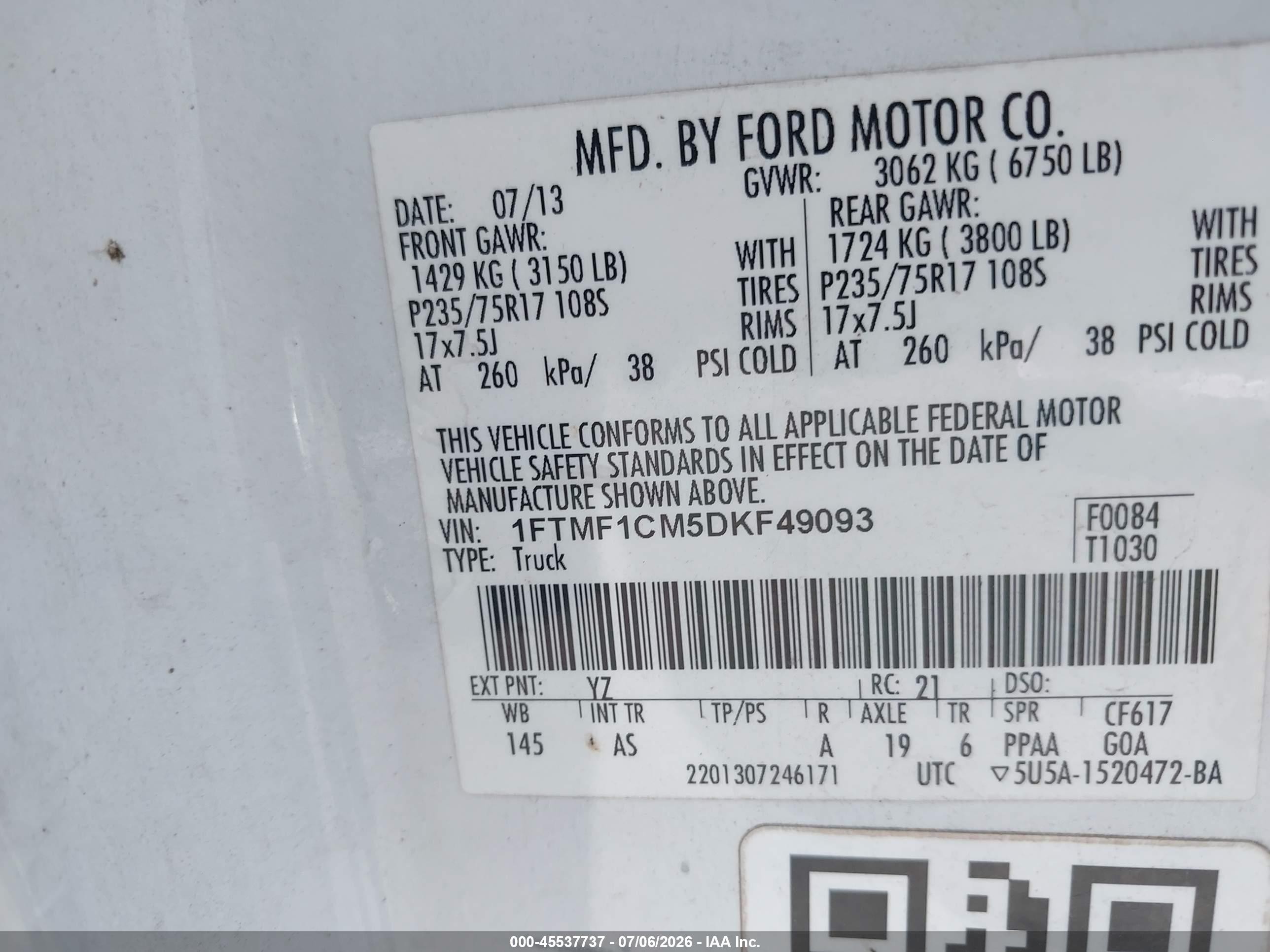 2013 Ford F-150 Stx/xl/xlt White vin: 1FTMF1CM5DKF49093