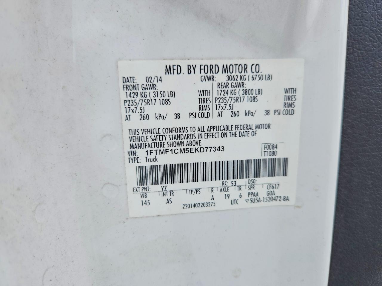 2014 Ford F150 White vin: 1FTMF1CM5EKD77343