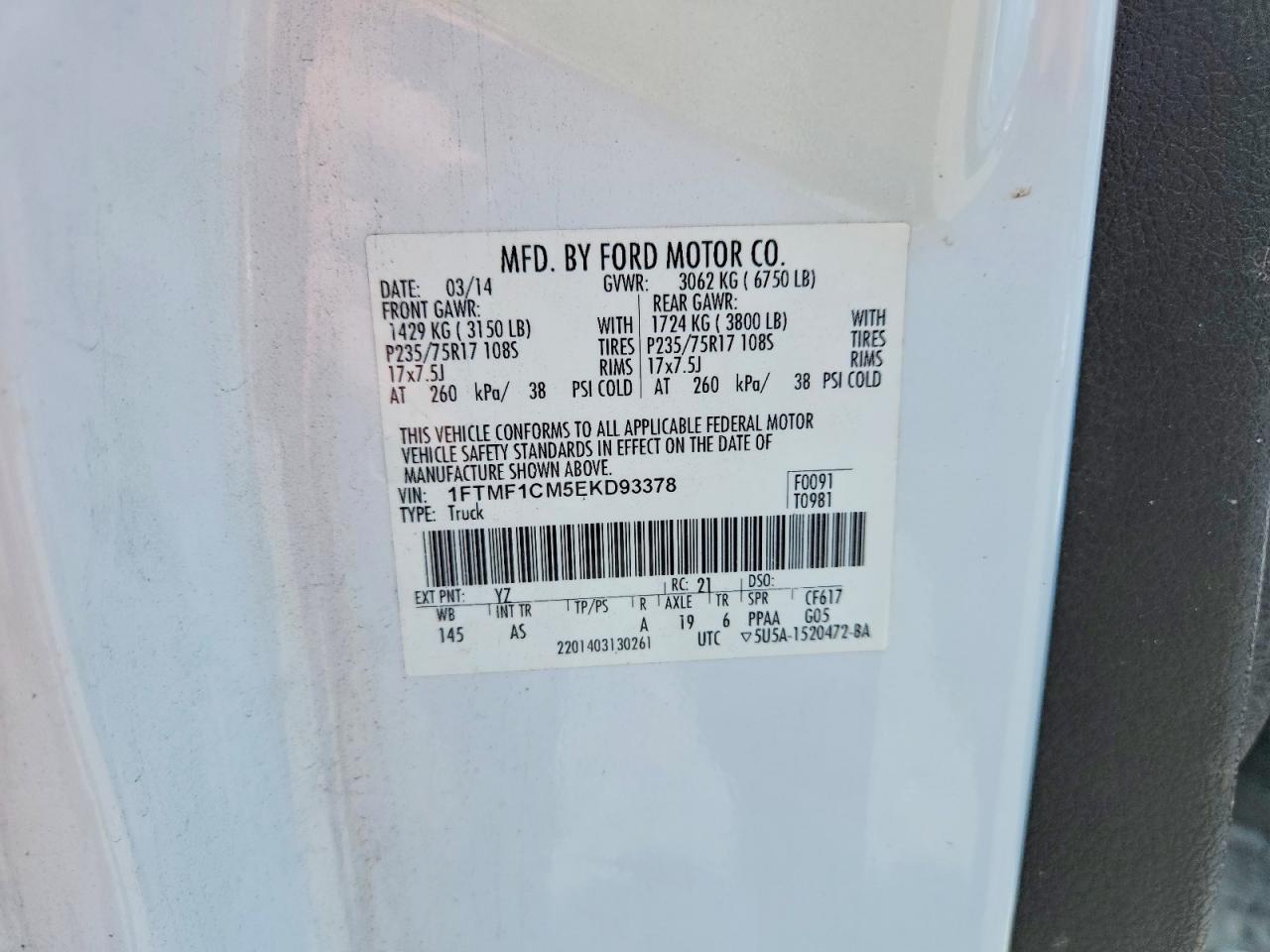 2014 Ford F150 White vin: 1FTMF1CM5EKD93378