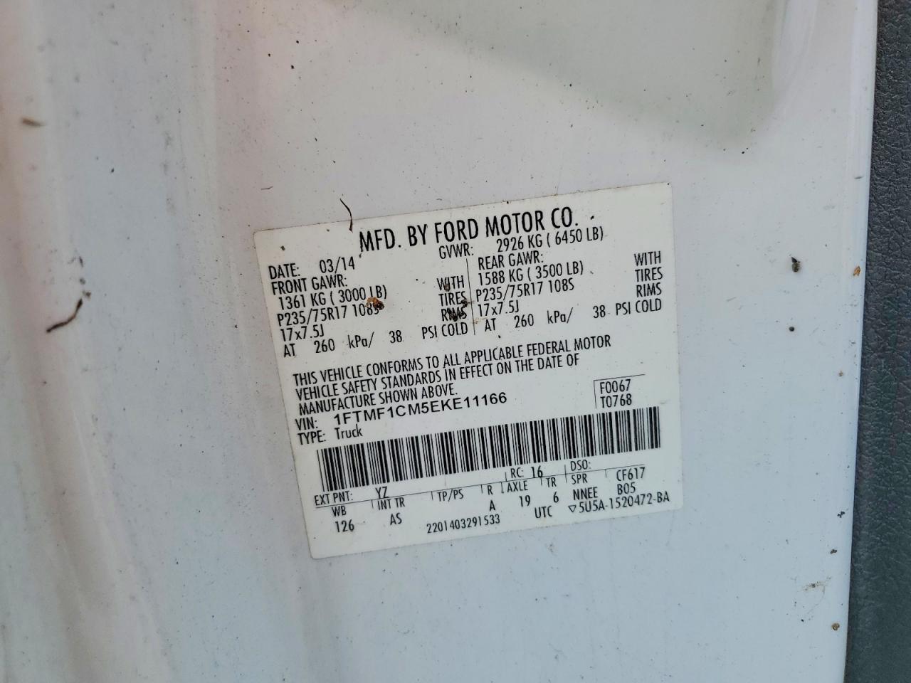 2014 Ford F150 White vin: 1FTMF1CM5EKE11166