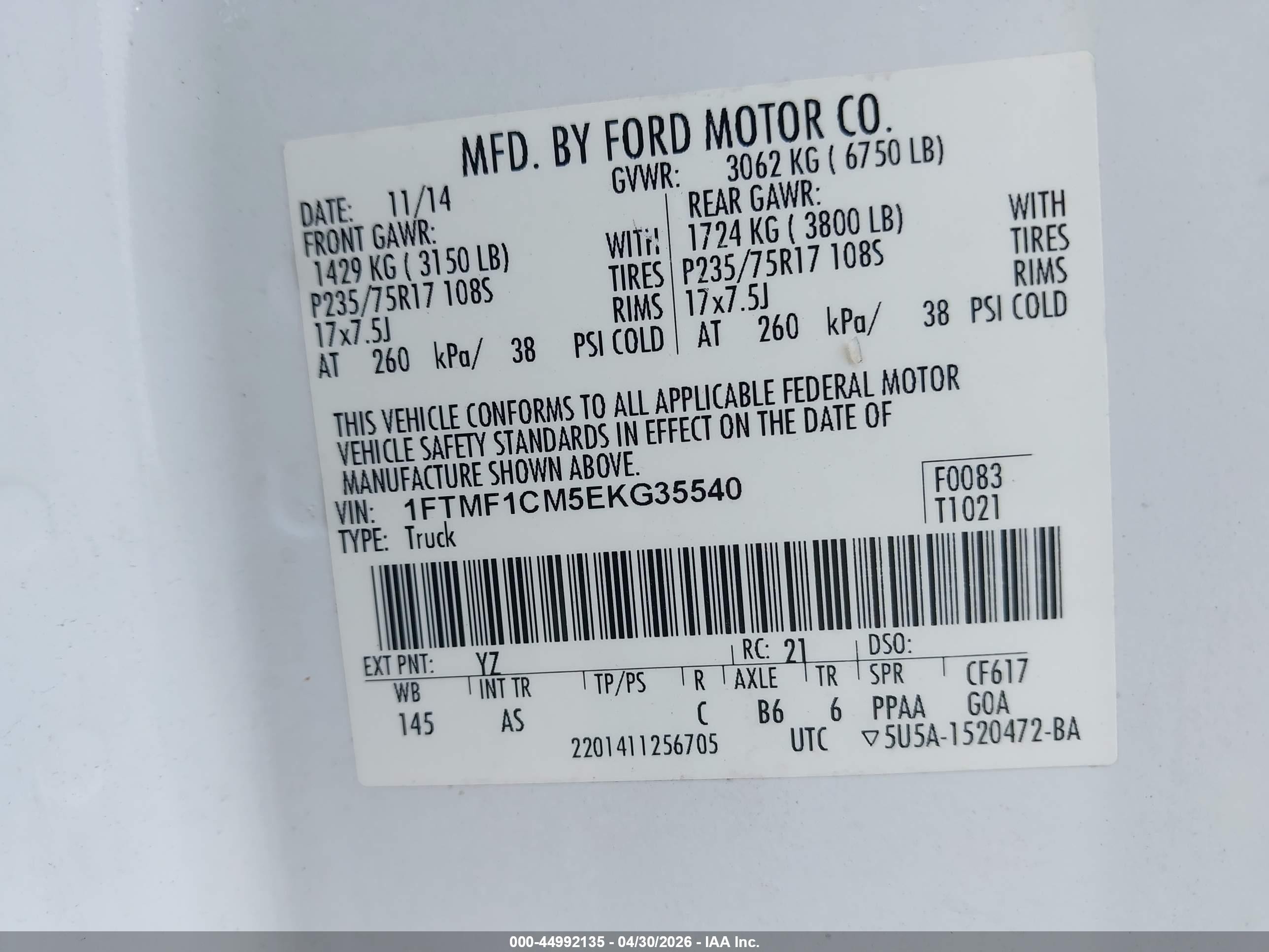 2014 Ford F-150 Xl White vin: 1FTMF1CM5EKG35540