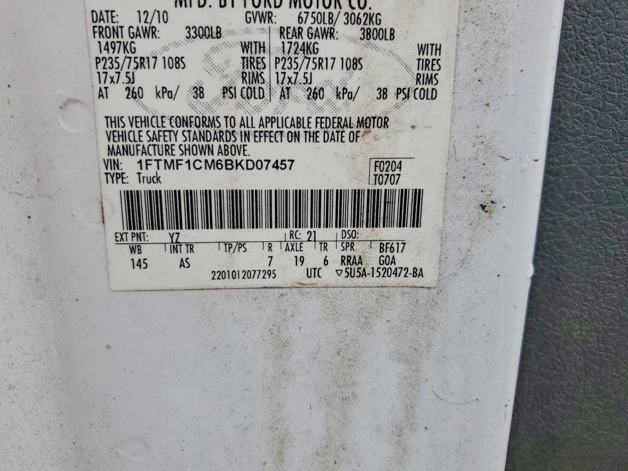 2011 Ford F150 White vin: 1FTMF1CM6BKD07457