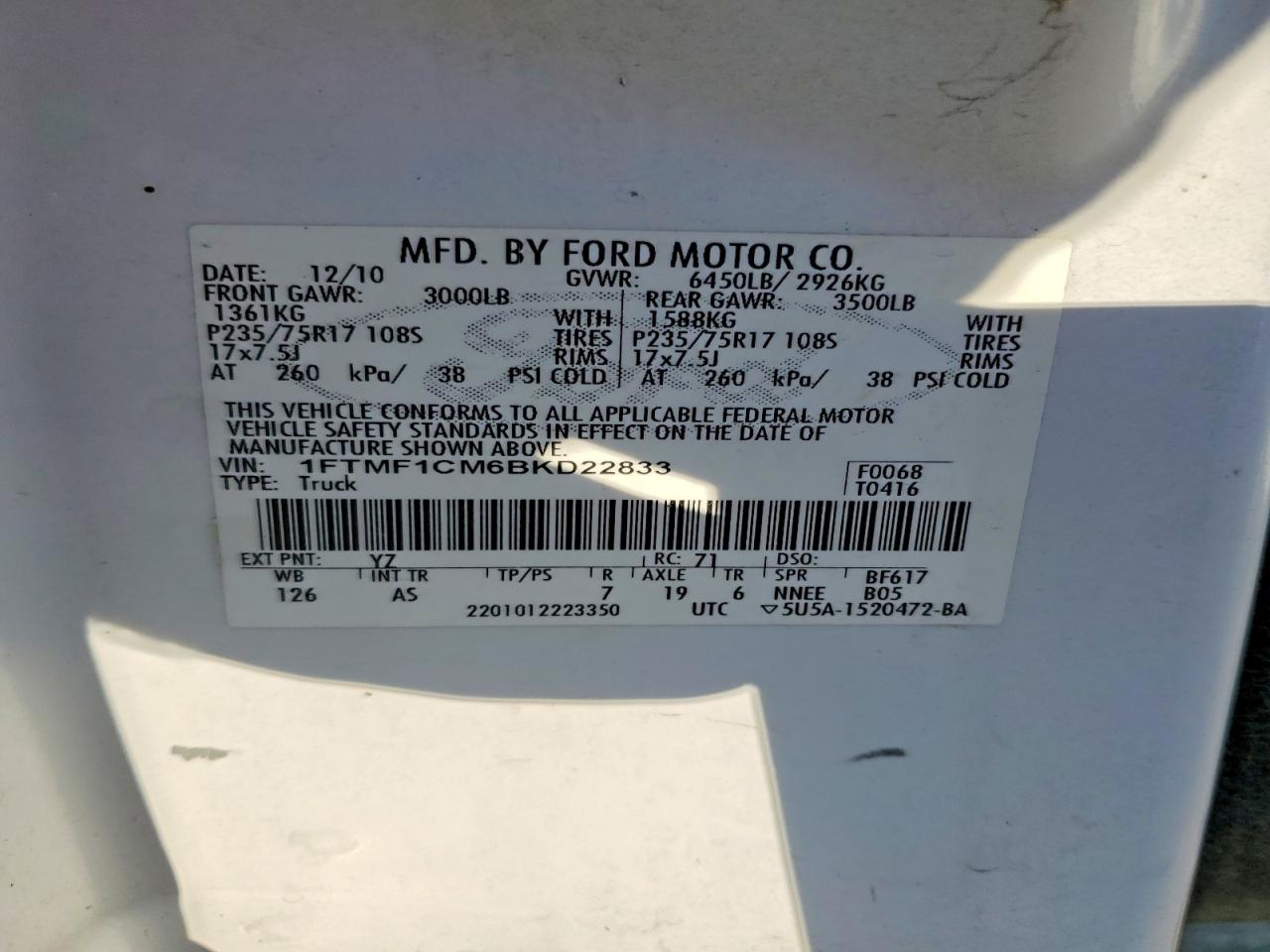 2011 Ford F150 White vin: 1FTMF1CM6BKD22833