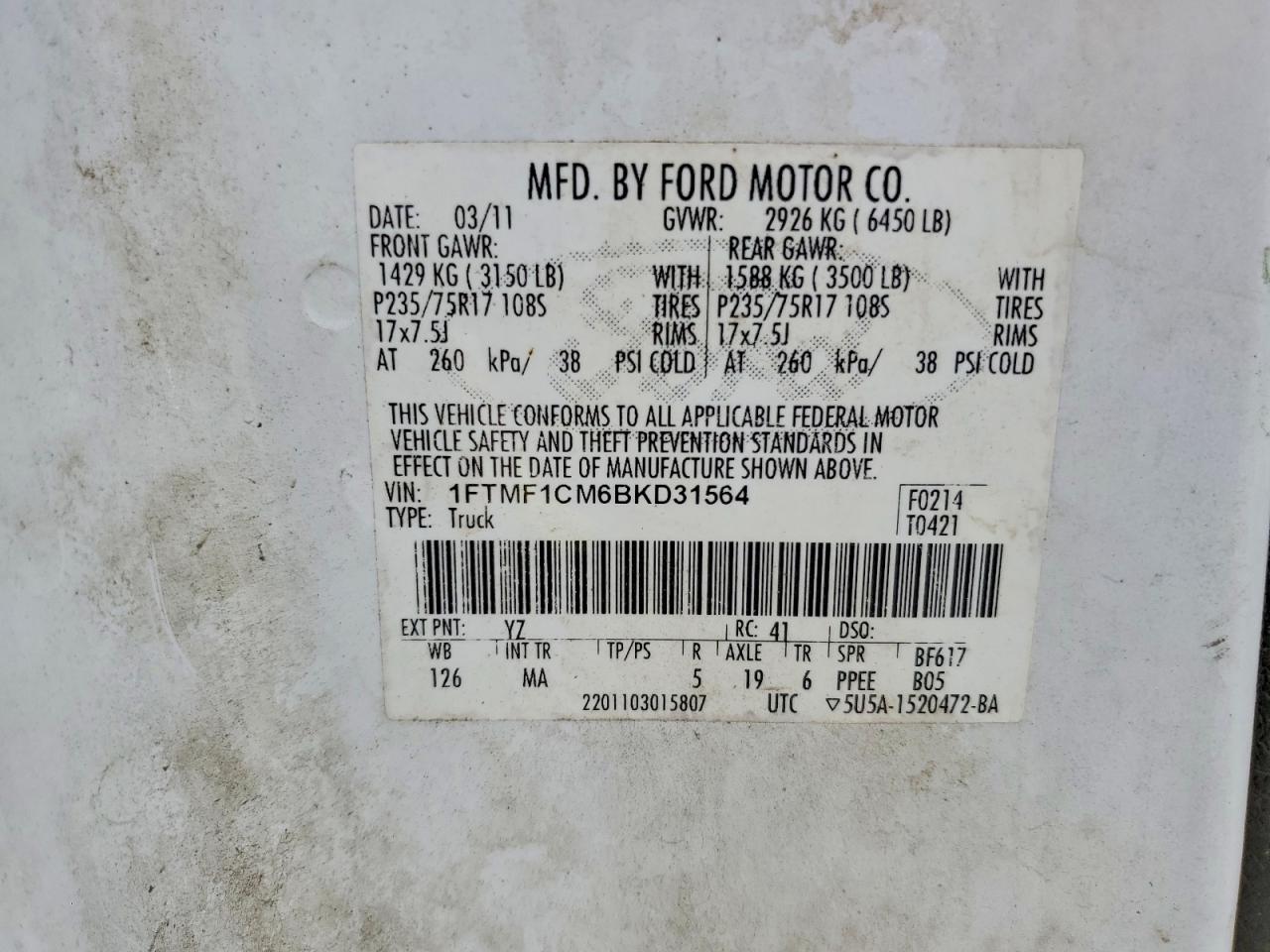 2011 Ford F150 White vin: 1FTMF1CM6BKD31564