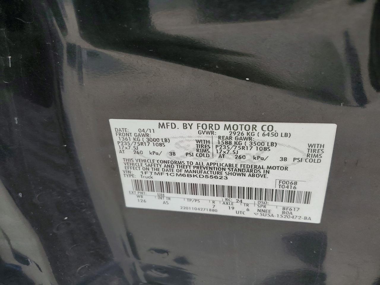 2011 Ford F150 Black vin: 1FTMF1CM6BKD55623