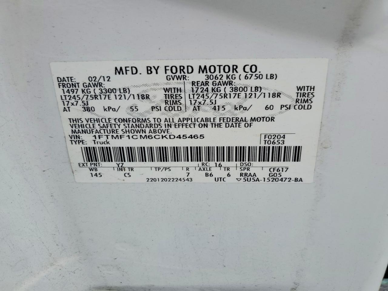 2012 Ford F150 White vin: 1FTMF1CM6CKD45465