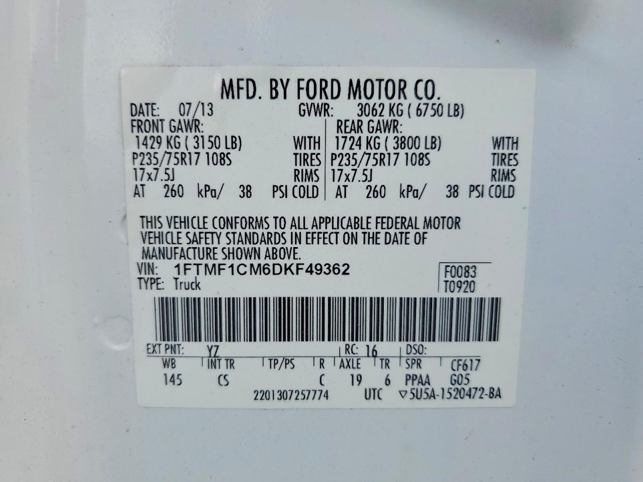 2013 Ford F150 White vin: 1FTMF1CM6DKF49362