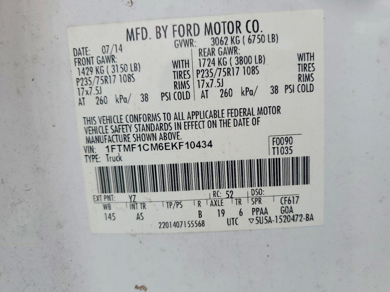 2014 Ford F150 White vin: 1FTMF1CM6EKF10434