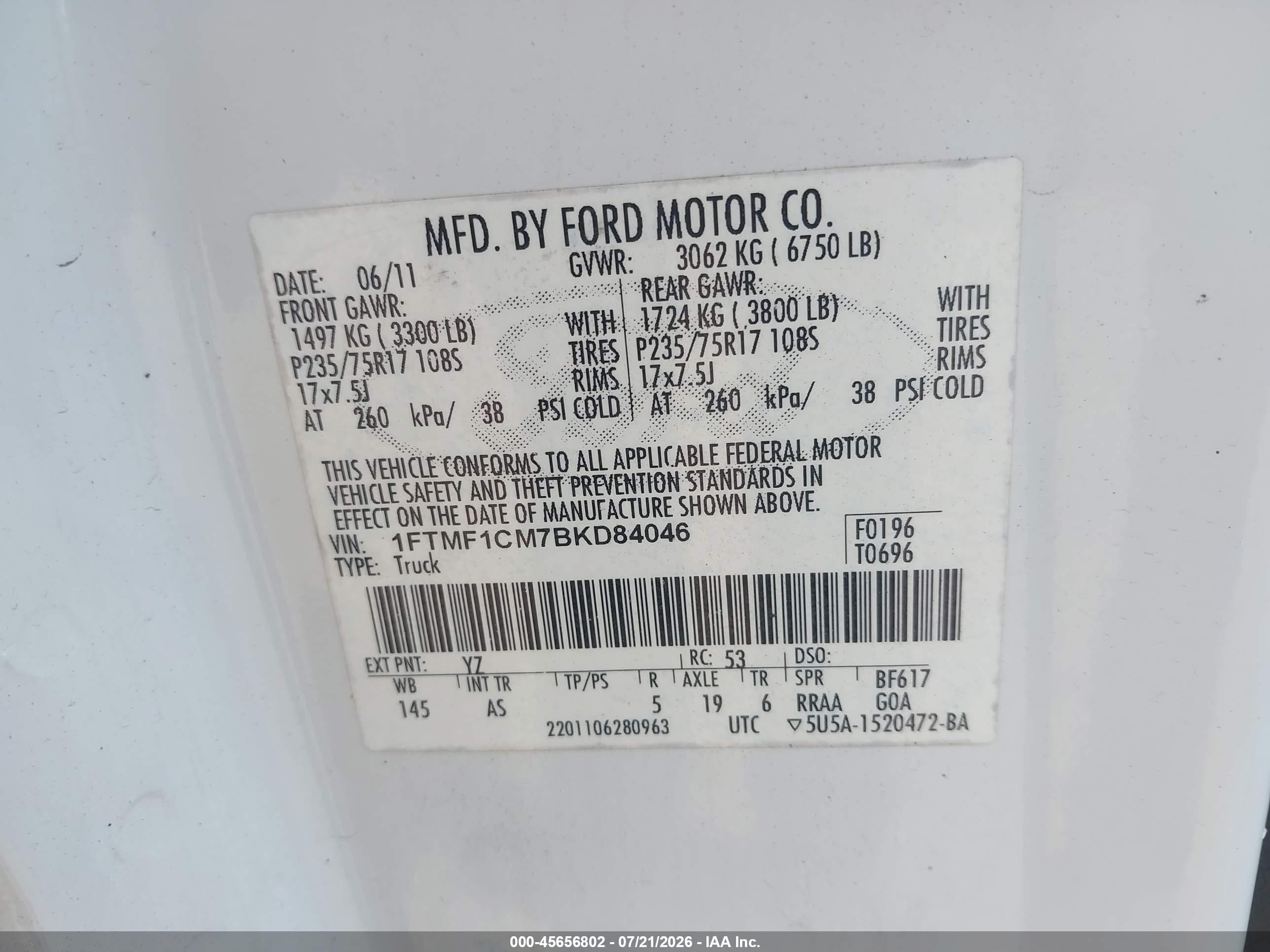 2011 Ford F-150 Xl White vin: 1FTMF1CM7BKD84046