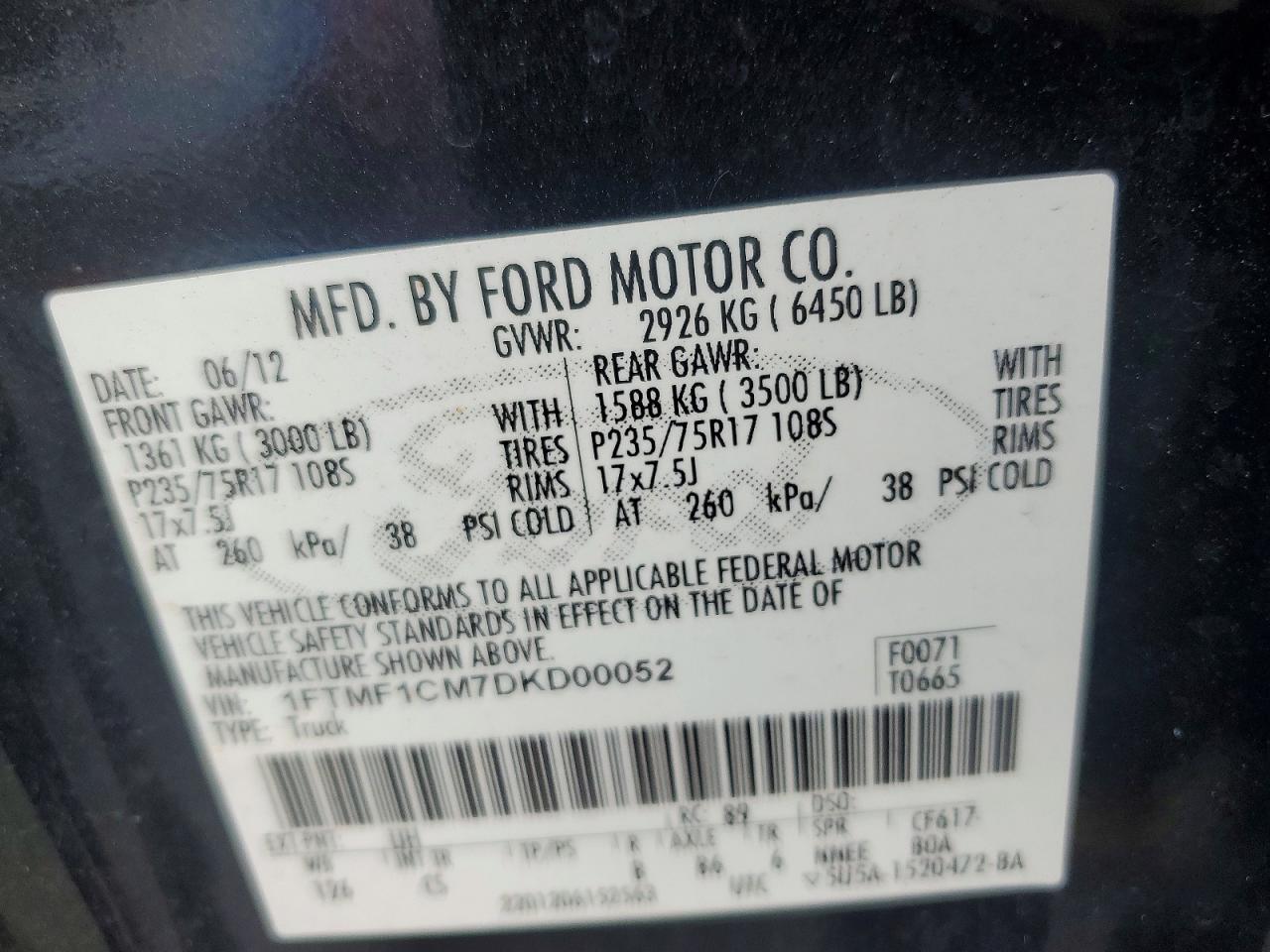 2013 Ford F150 Black vin: 1FTMF1CM7DKD00052