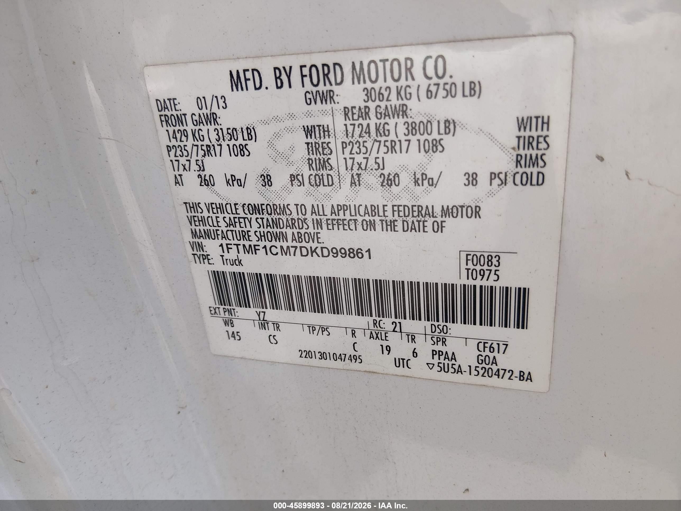 2013 Ford F-150 Xl Белый vin: 1FTMF1CM7DKD99861