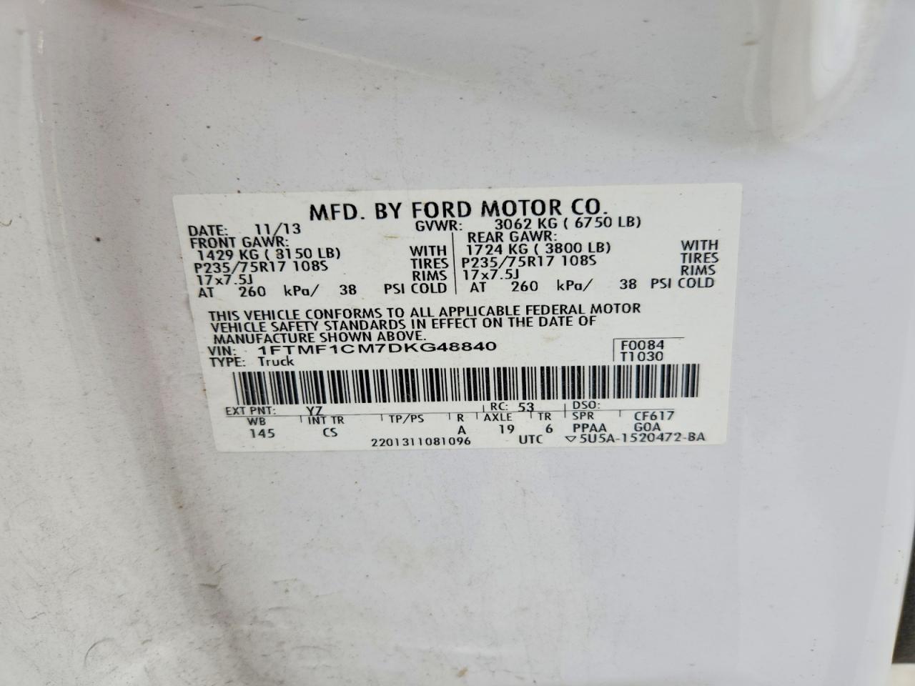 2013 Ford F150 Белый vin: 1FTMF1CM7DKG48840