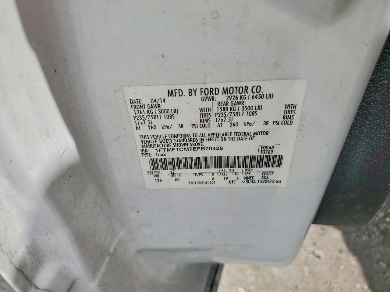 2014 Ford F150 White vin: 1FTMF1CM7EFB70428