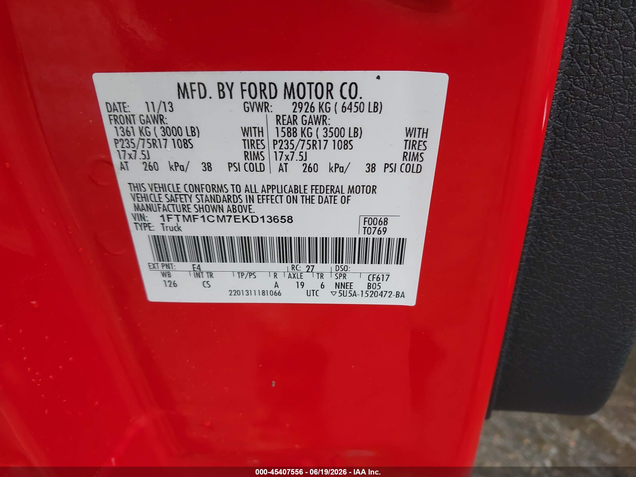 2014 Ford F-150 Xl Red vin: 1FTMF1CM7EKD13658