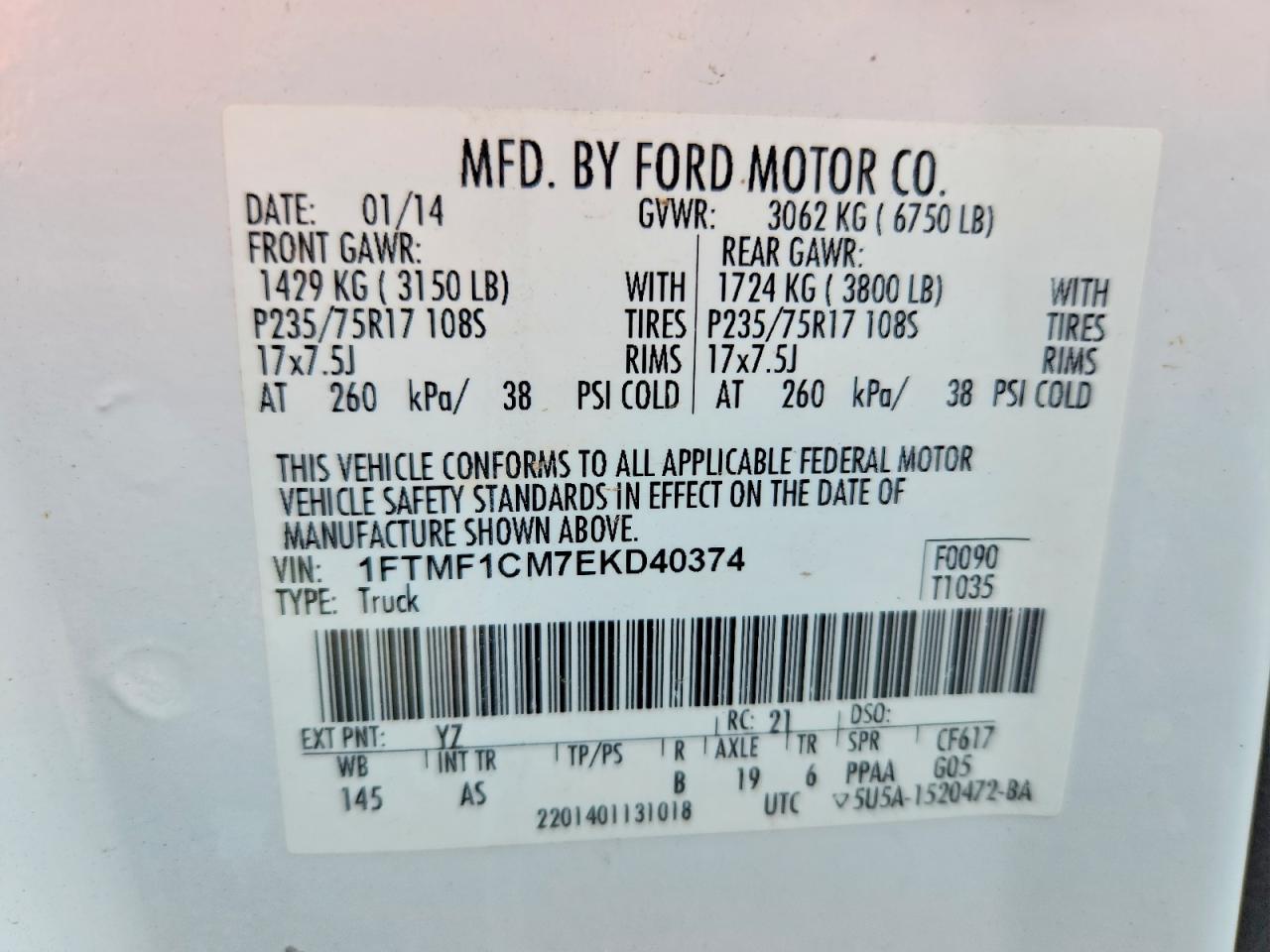 2014 Ford F150 White vin: 1FTMF1CM7EKD40374