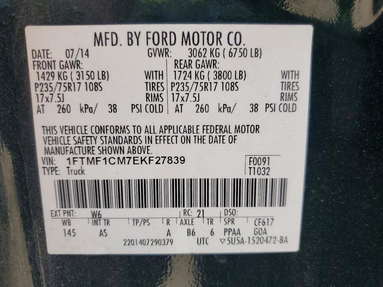 2014 Ford F150 Green vin: 1FTMF1CM7EKF27839