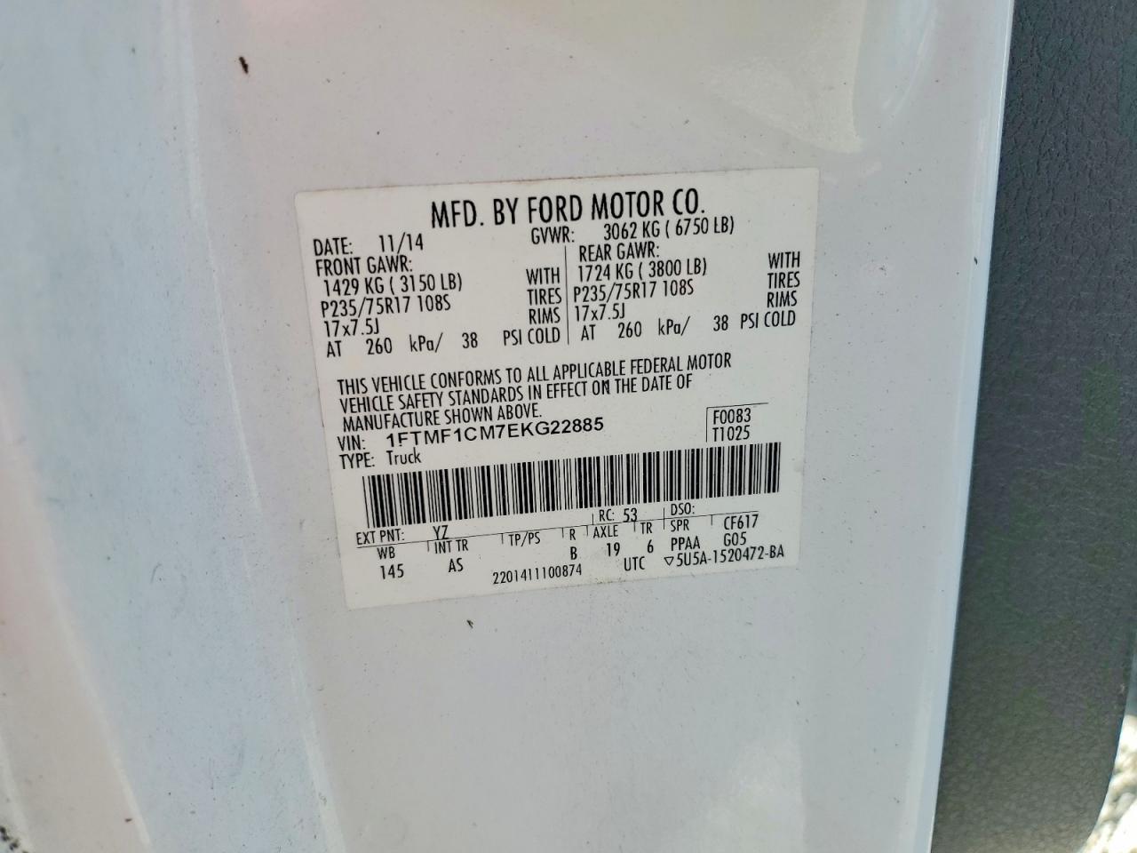 2014 Ford F150 White vin: 1FTMF1CM7EKG22885