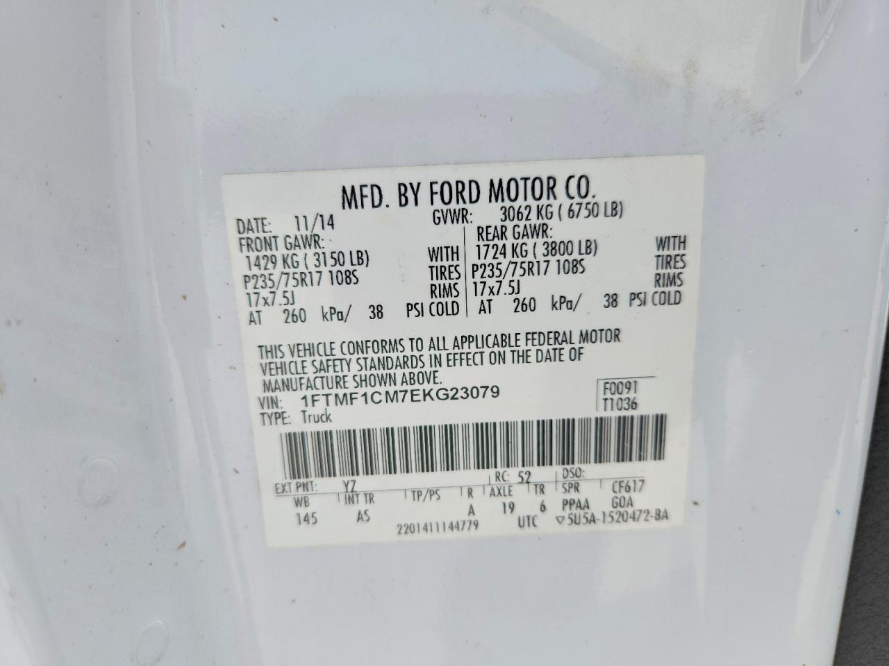 2014 Ford F150 White vin: 1FTMF1CM7EKG23079