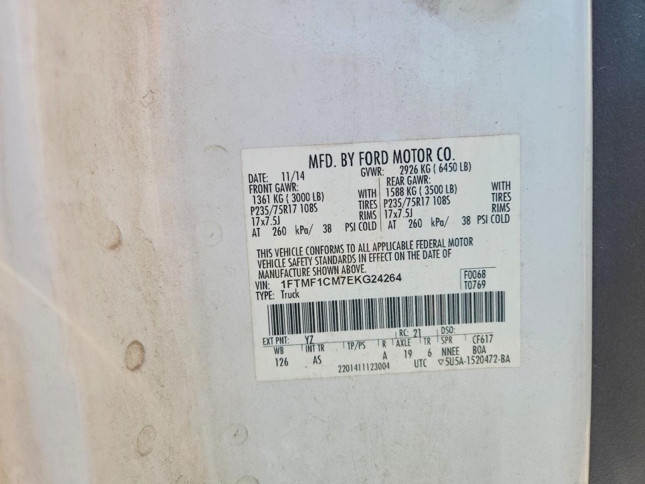 2014 Ford F150 White vin: 1FTMF1CM7EKG24264
