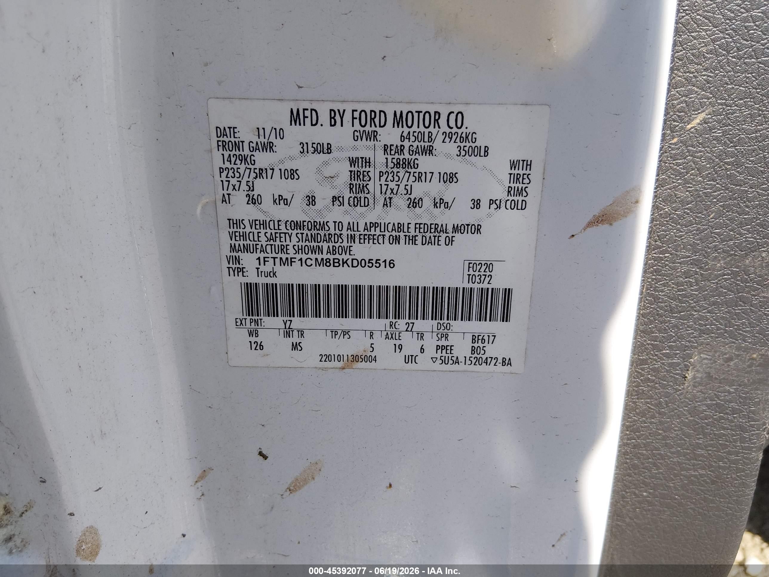 2011 Ford F-150 Xlt White vin: 1FTMF1CM8BKD05516
