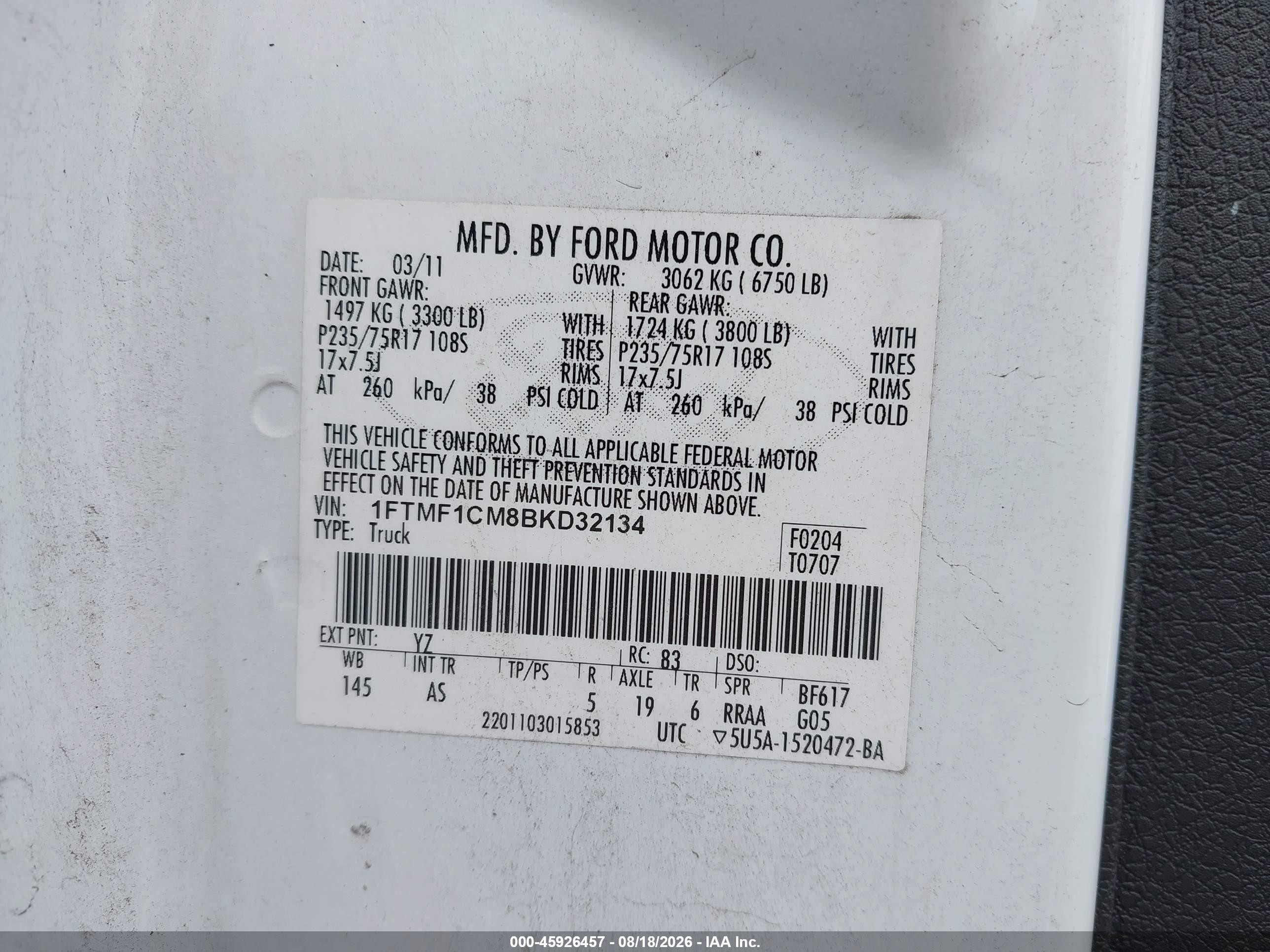 2011 Ford F-150 Xl White vin: 1FTMF1CM8BKD32134