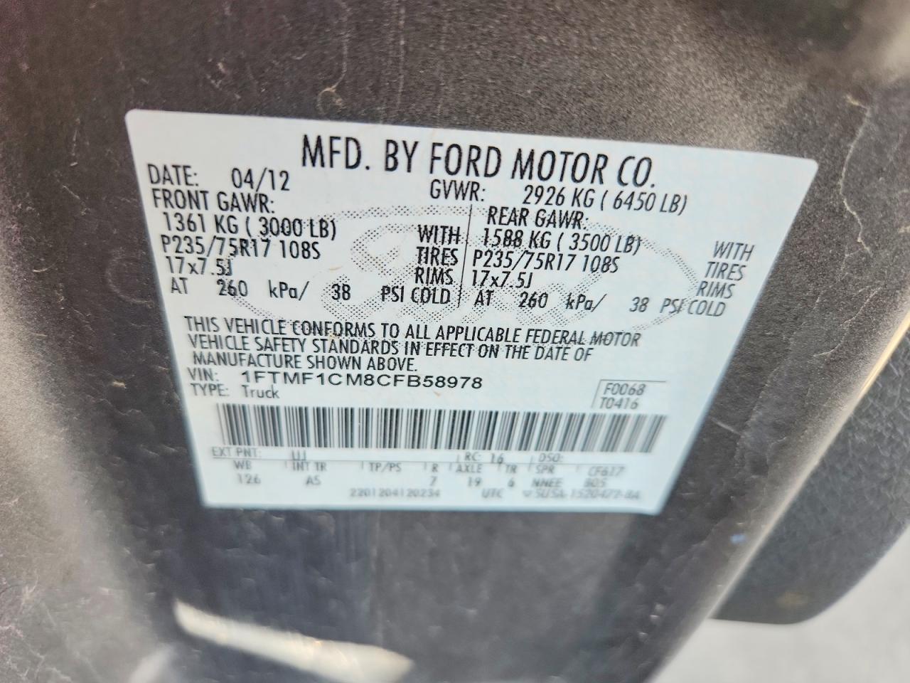 2012 Ford F150 Charcoal vin: 1FTMF1CM8CFB58978