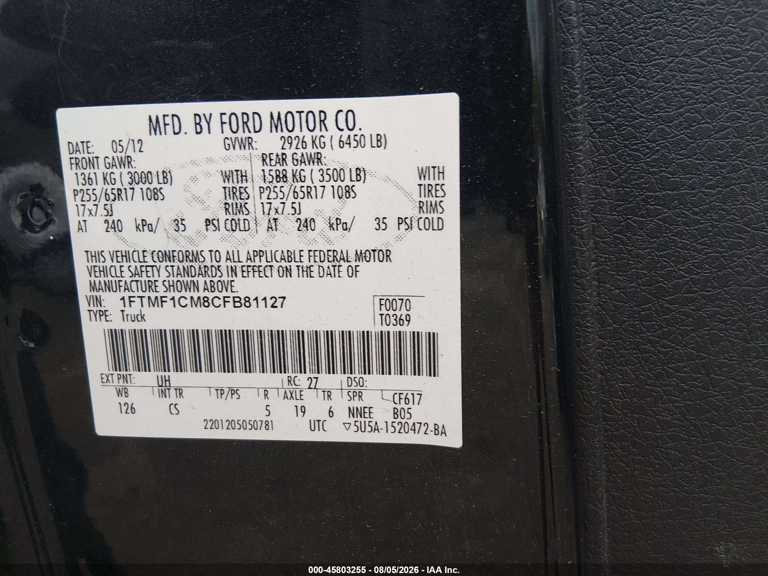 2012 Ford F-150 Xl Black vin: 1FTMF1CM8CFB81127