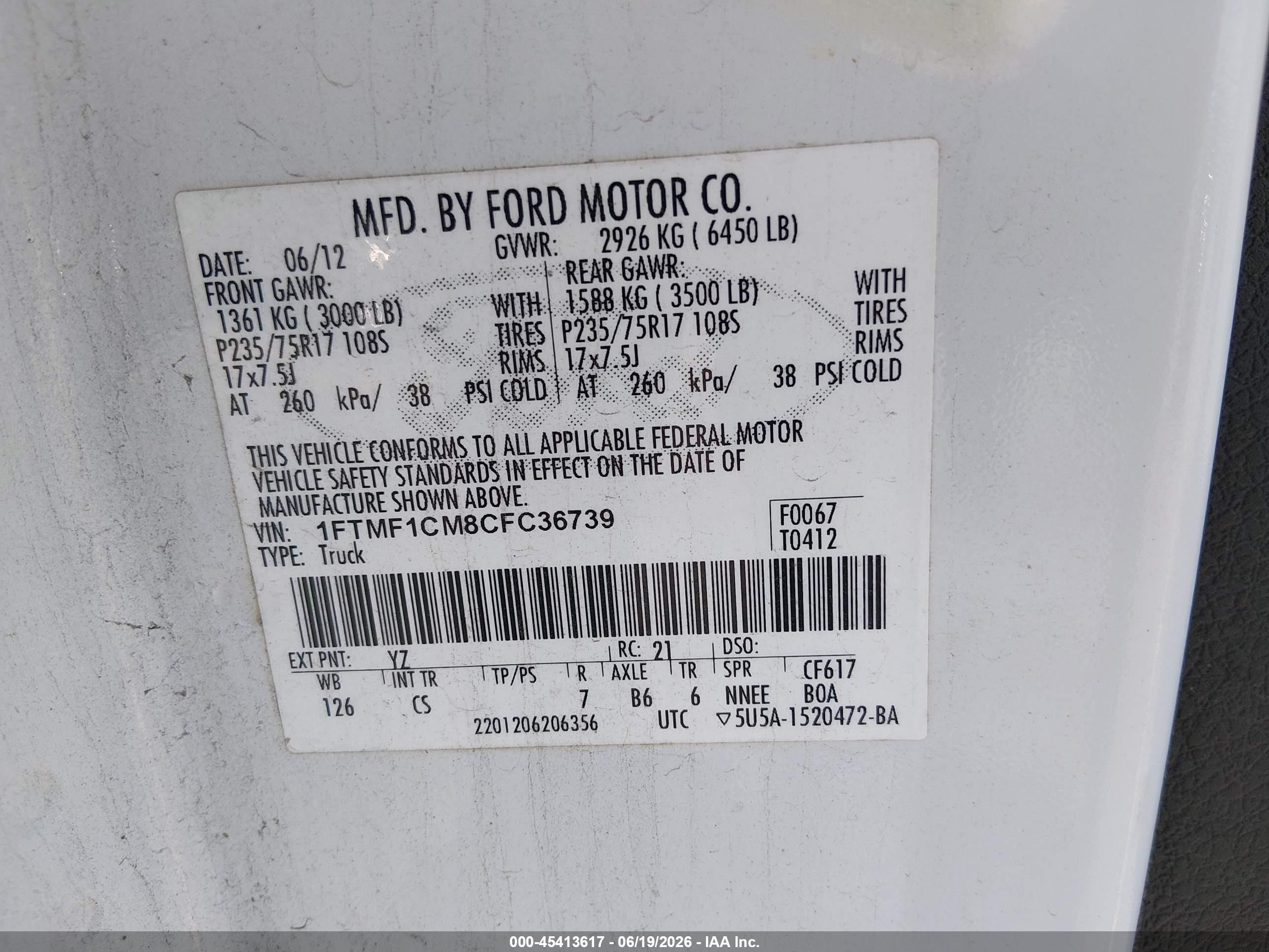 2012 Ford F-150 Xl Белый vin: 1FTMF1CM8CFC36739