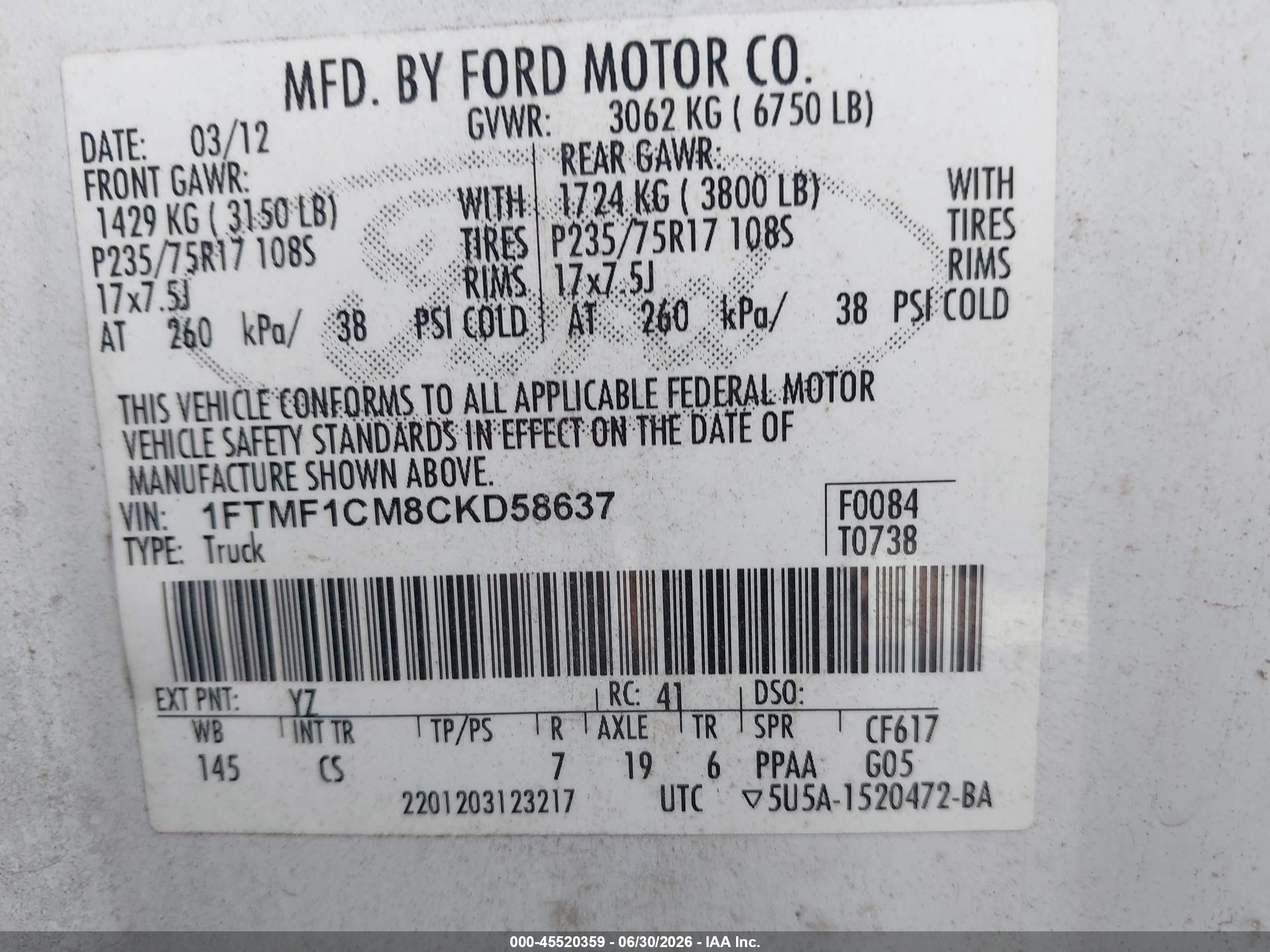 2012 Ford F-150 Xl Белый vin: 1FTMF1CM8CKD58637