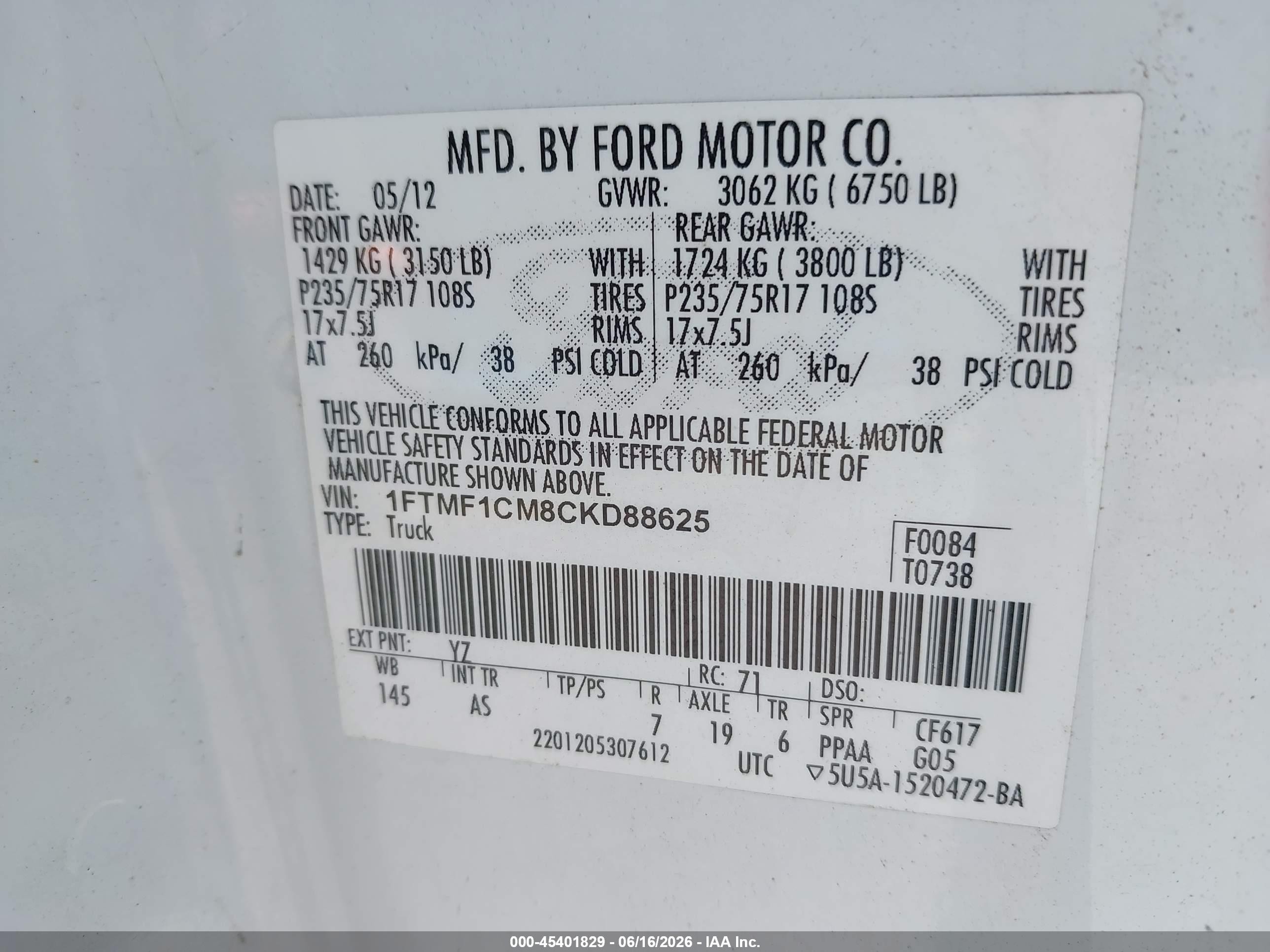 2012 Ford F-150 Xl White vin: 1FTMF1CM8CKD88625