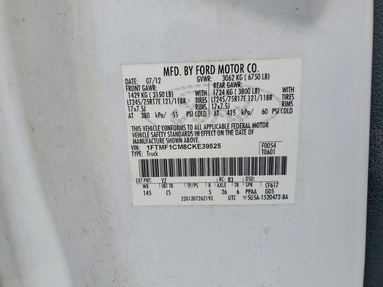 2012 Ford F150 Белый vin: 1FTMF1CM8CKE39525